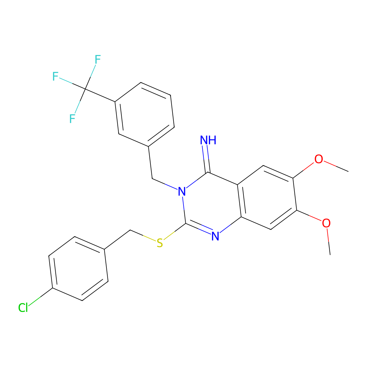 2-[(4-chlorobenzyl)sulfanyl]-6,7-dimethoxy-3-[3-(trifluoromethyl)benzyl]-4(3H)-quinazolinimine molecular structure, CAS 439093-92-2