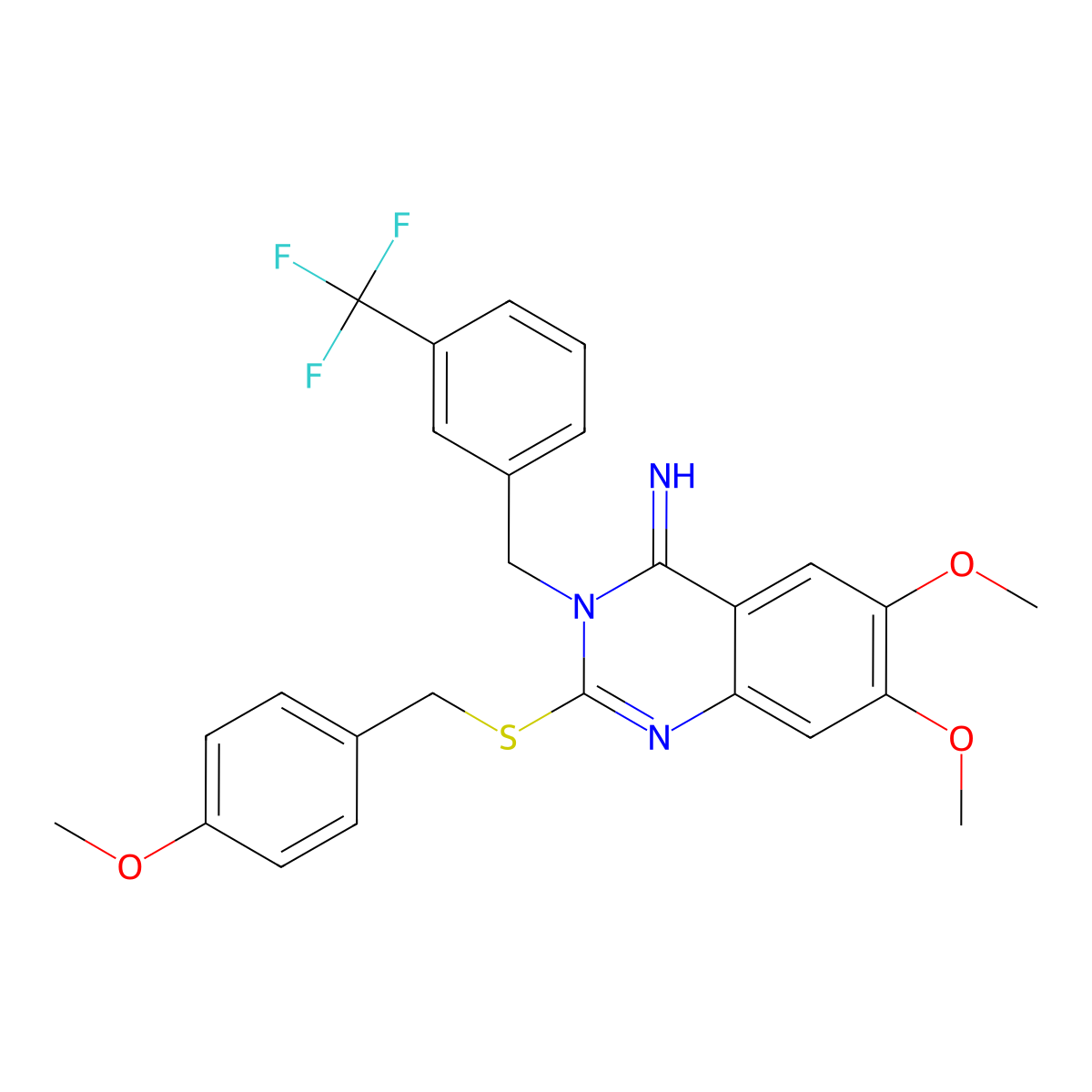 6,7-dimethoxy-2-[(4-methoxybenzyl)sulfanyl]-3-[3-(trifluoromethyl)benzyl]-4(3H)-quinazolinimine molecular structure, CAS 439094-00-5