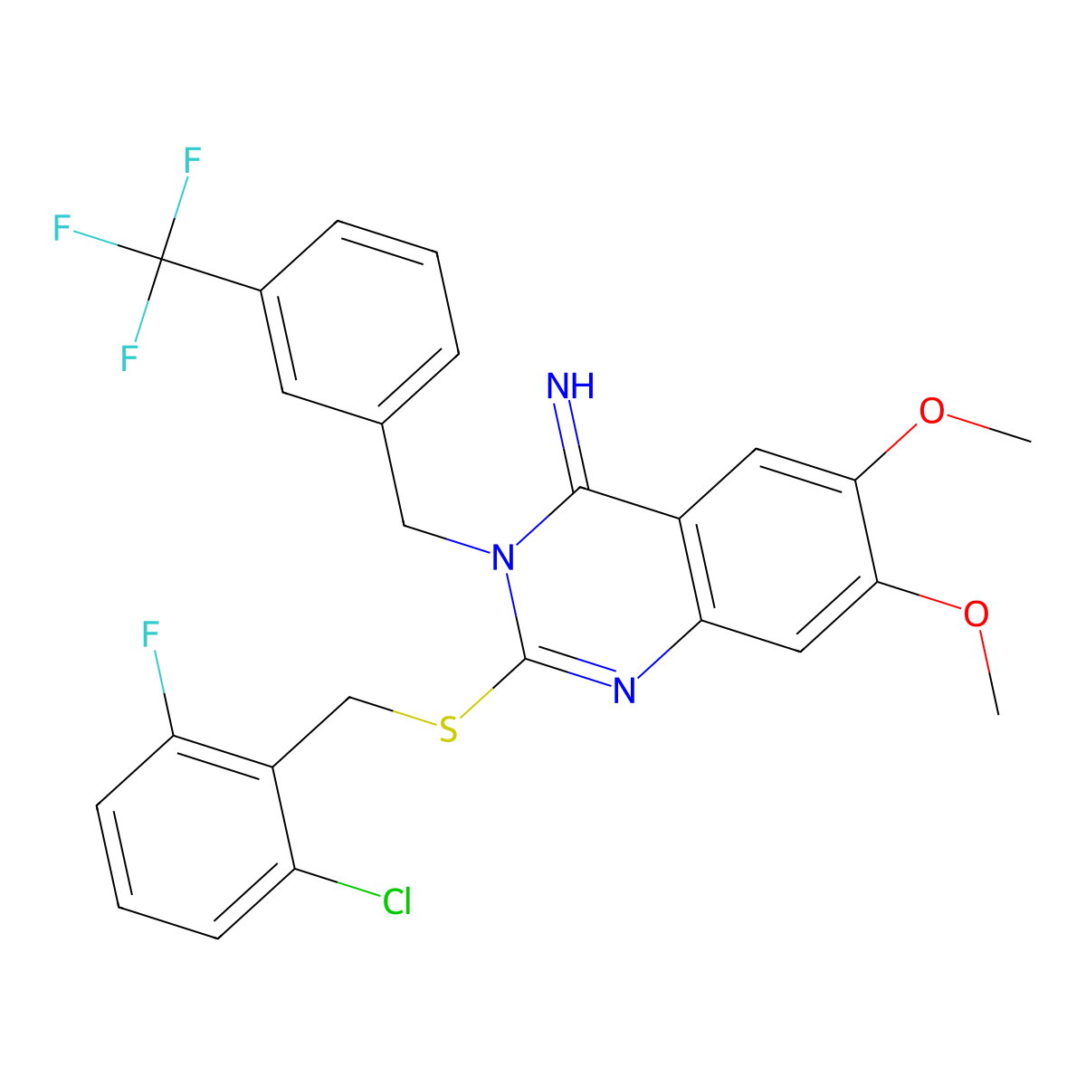2-[(2-chloro-6-fluorobenzyl)sulfanyl]-6,7-dimethoxy-3-[3-(trifluoromethyl)benzyl]-4(3H)-quinazolinimine molecular structure, CAS 439094-05-0