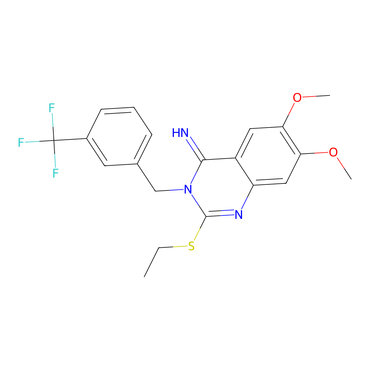 2-Ethylsulfanyl-6,7-dimethoxy-3-[[3-(trifluoromethyl)phenyl]methyl]quinazolin-4-imine molecular structure, CAS 439094-12-9