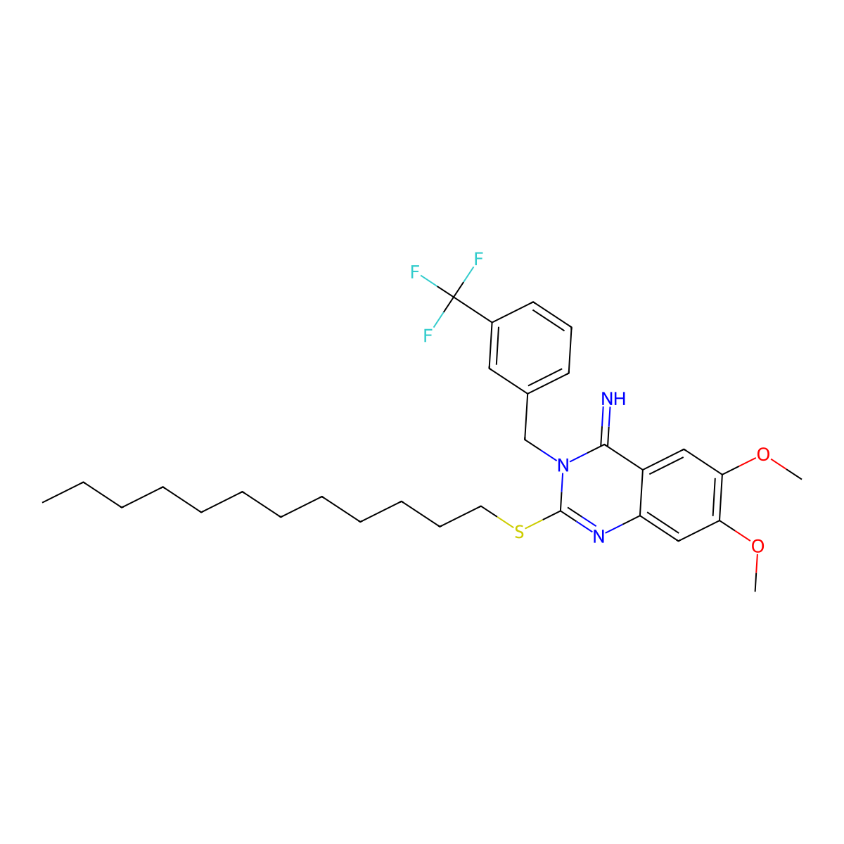 2-Dodecylsulfanyl-6,7-dimethoxy-3-[[3-(trifluoromethyl)phenyl]methyl]quinazolin-4-imine molecular structure, CAS 439094-69-6