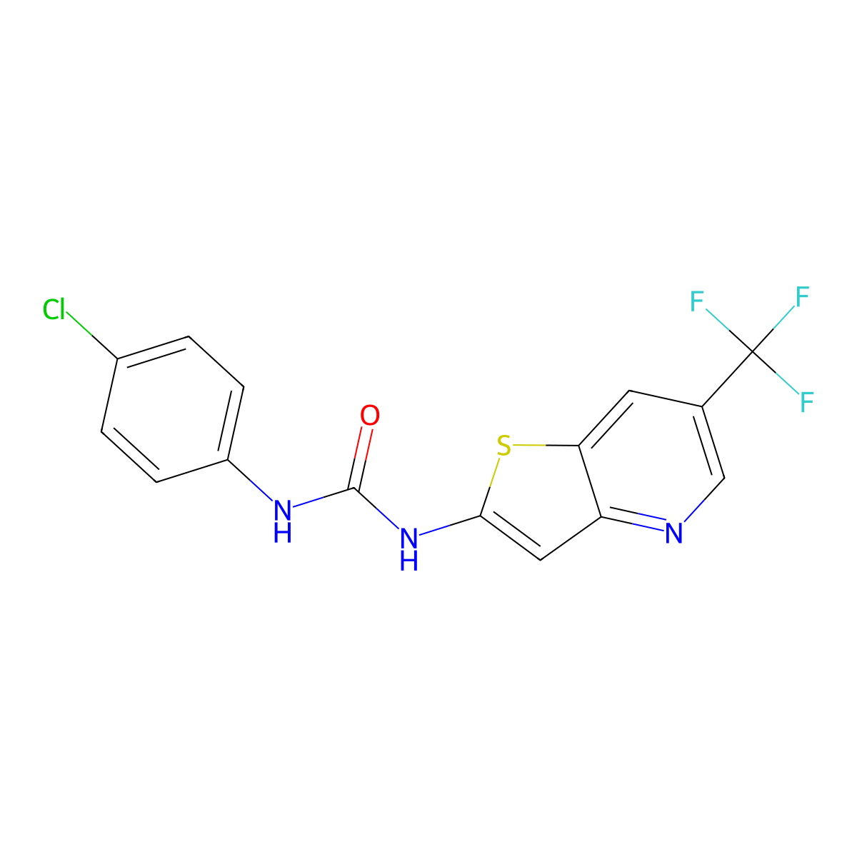 1-(4-Chlorophenyl)-3-[6-(trifluoromethyl)thieno[3,2-b]pyridin-2-yl]urea molecular structure, CAS 439094-99-2