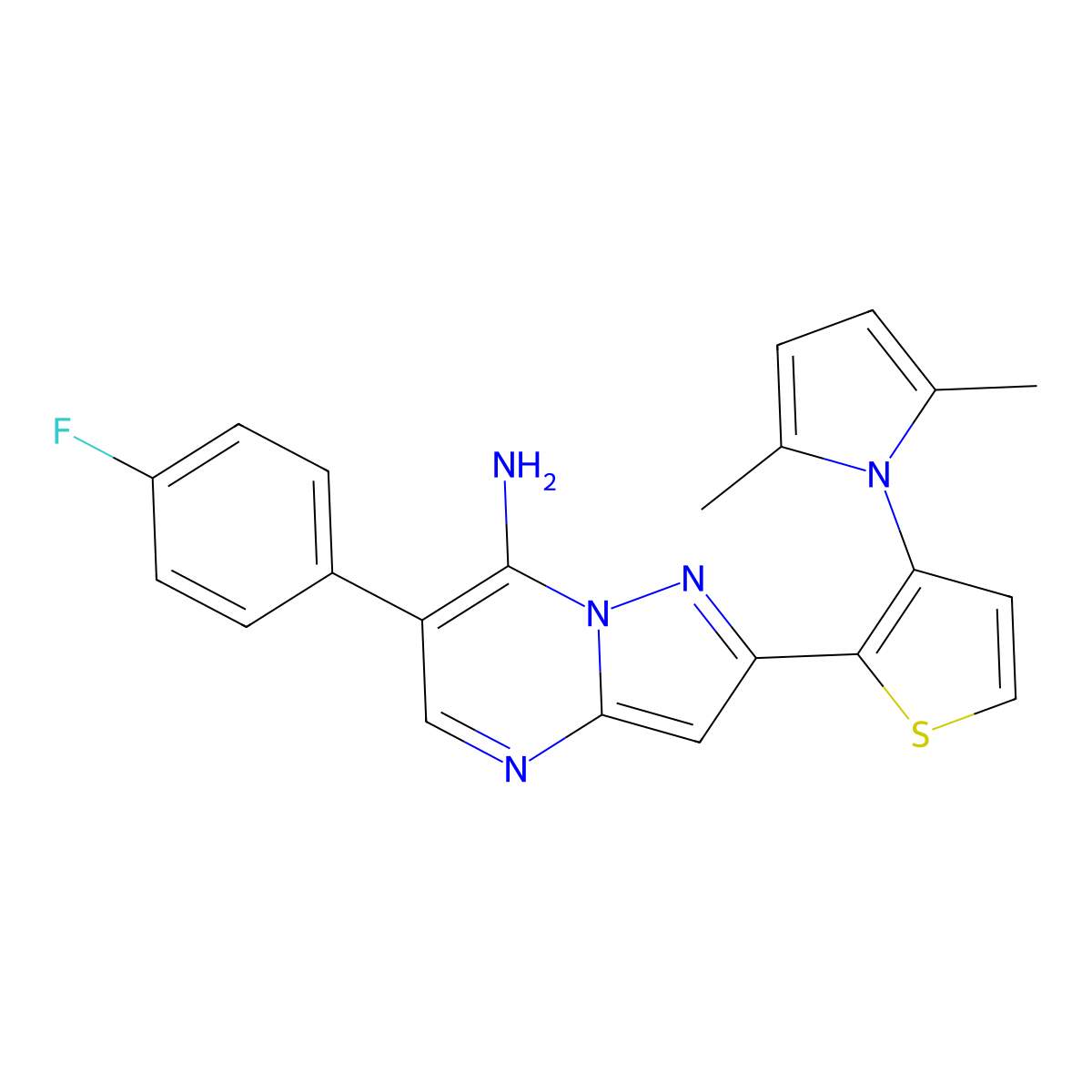 2-[3-(2,5-Dimethylpyrrol-1-yl)thiophen-2-yl]-6-(4-fluorophenyl)pyrazolo[1,5-a]pyrimidin-7-amine molecular structure, CAS 439095-87-1