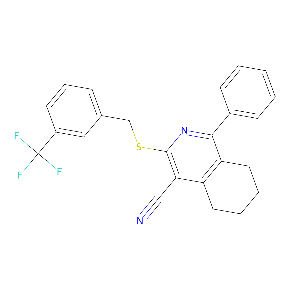 1-Phenyl-3-{[3-(trifluoromethyl)benzyl]sulfanyl}-5,6,7,8-tetrahydro-4-isoquinolinecarbonitrile molecular structure, CAS 439096-28-3