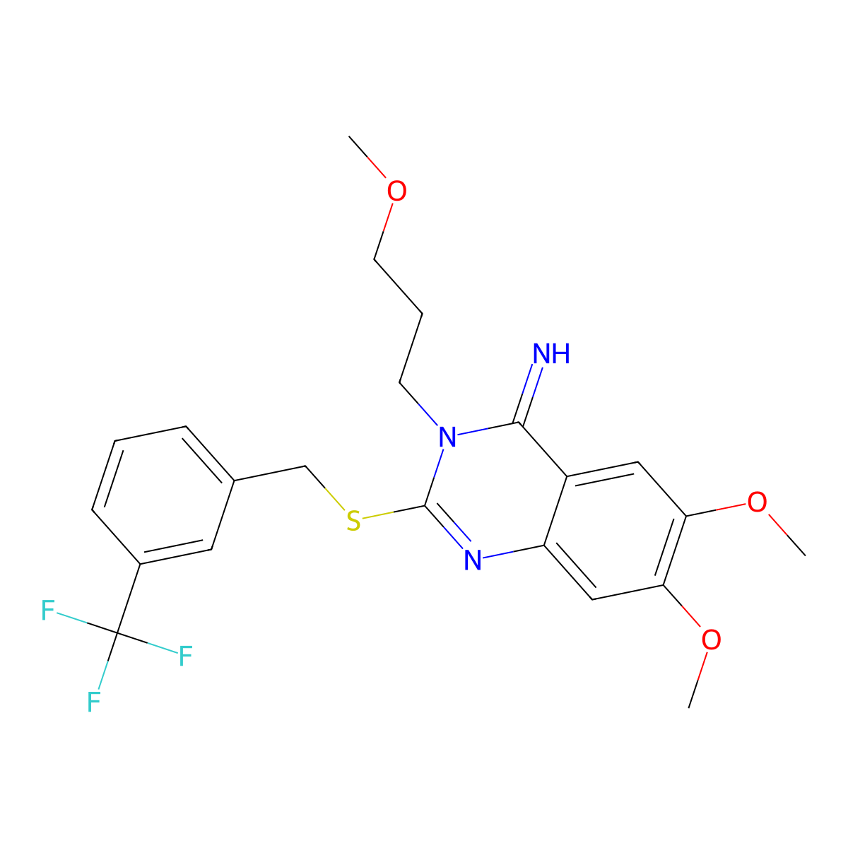 6,7-dimethoxy-3-(3-methoxypropyl)-2-{[3-(trifluoromethyl)benzyl]sulfanyl}-4(3H)-quinazolinimine molecular structure, CAS 439096-39-6