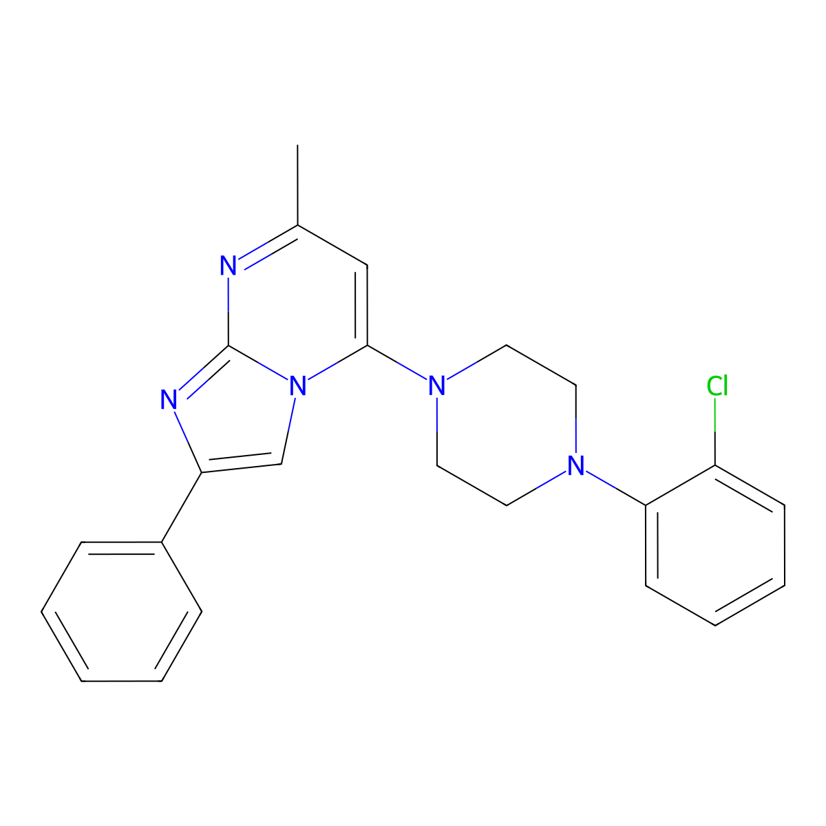 5-[4-(2-Chlorophenyl)piperazino]-7-methyl-2-phenylimidazo[1,2-a]pyrimidine molecular structure, CAS 439096-71-6