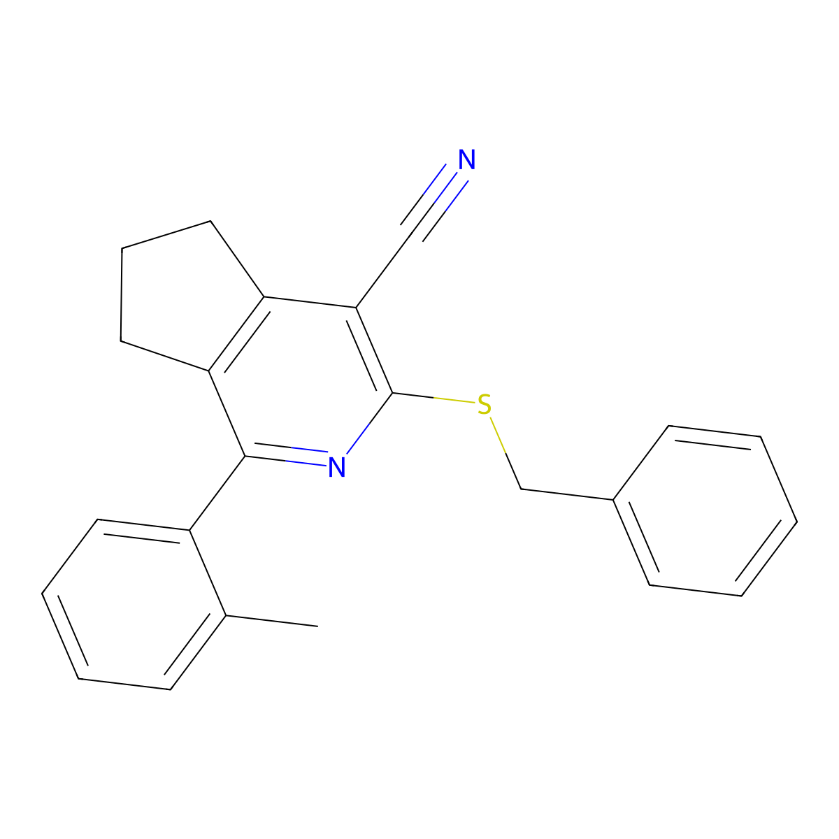 3-(benzylsulfanyl)-1-(2-methylphenyl)-6,7-dihydro-5H-cyclopenta[c]pyridine-4-carbonitrile molecular structure, CAS 439096-81-8