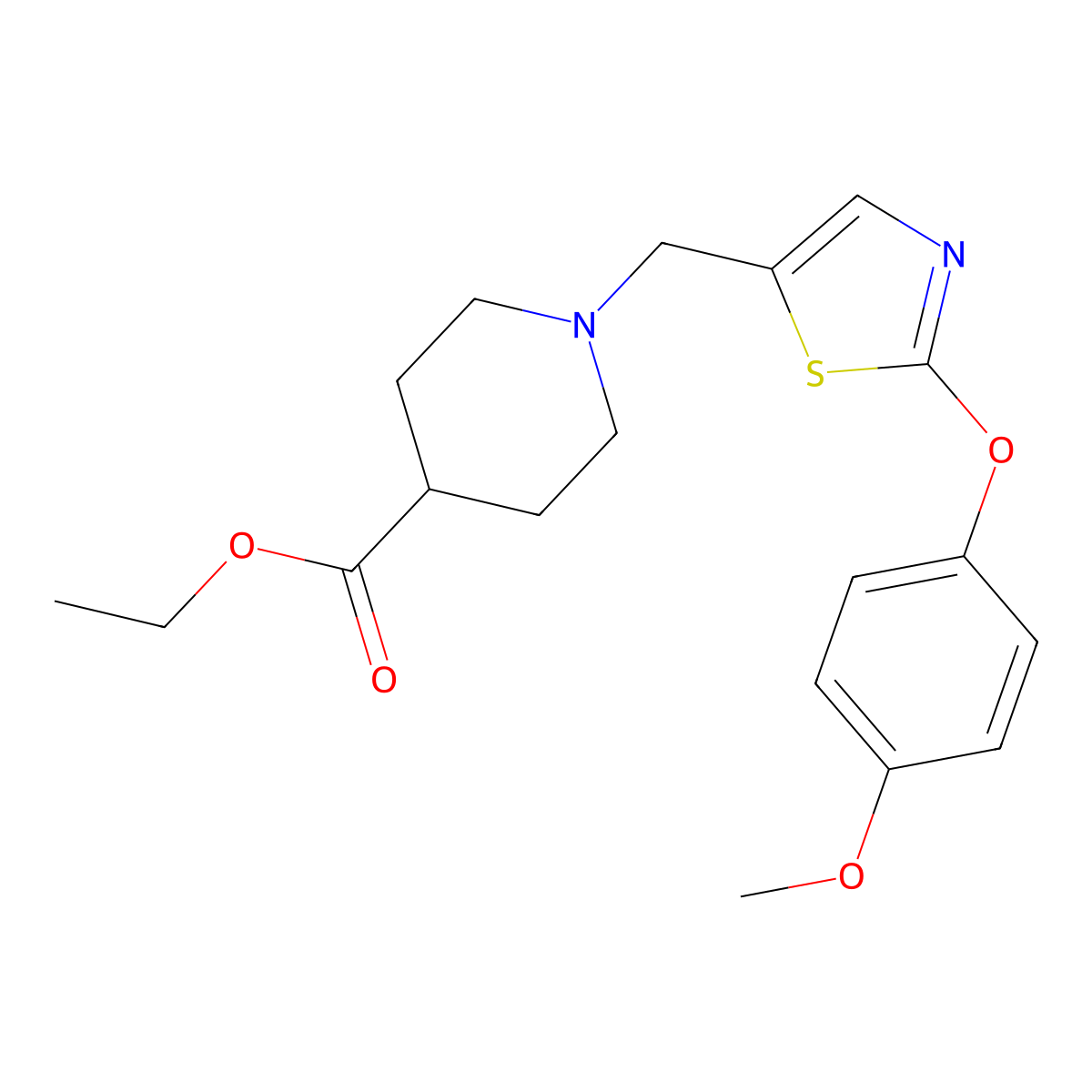 Ethyl 1-{[2-(4-methoxyphenoxy)-1,3-thiazol-5-yl]methyl}-4-piperidinecarboxylate molecular structure, CAS 439096-89-6
