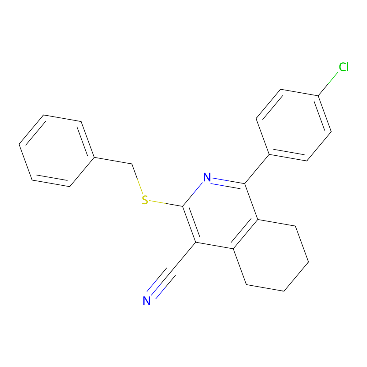 3-(Benzylsulfanyl)-1-(4-chlorophenyl)-5,6,7,8-tetrahydro-4-isoquinolinecarbonitrile molecular structure, CAS 439096-90-9