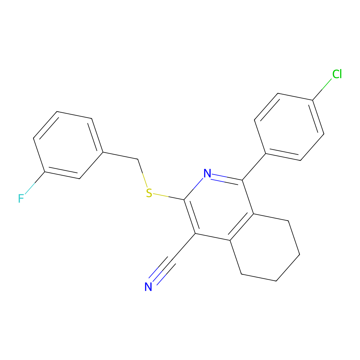 1-(4-Chlorophenyl)-3-[(3-fluorobenzyl)sulfanyl]-5,6,7,8-tetrahydro-4-isoquinolinecarbonitrile molecular structure, CAS 439096-92-1