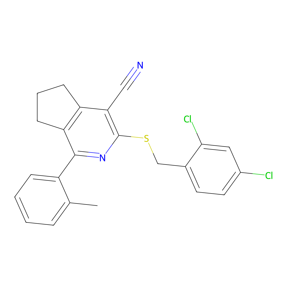 3-[(2,4-dichlorobenzyl)sulfanyl]-1-(2-methylphenyl)-6,7-dihydro-5H-cyclopenta[c]pyridine-4-carbonitrile molecular structure, CAS 439097-00-4