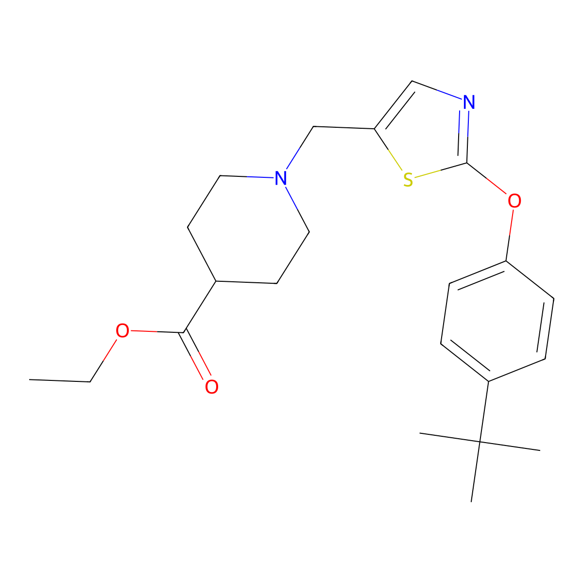 Ethyl 1-({2-[4-(tert-butyl)phenoxy]-1,3-thiazol-5-yl}methyl)-4-piperidinecarboxylate molecular structure, CAS 439097-03-7