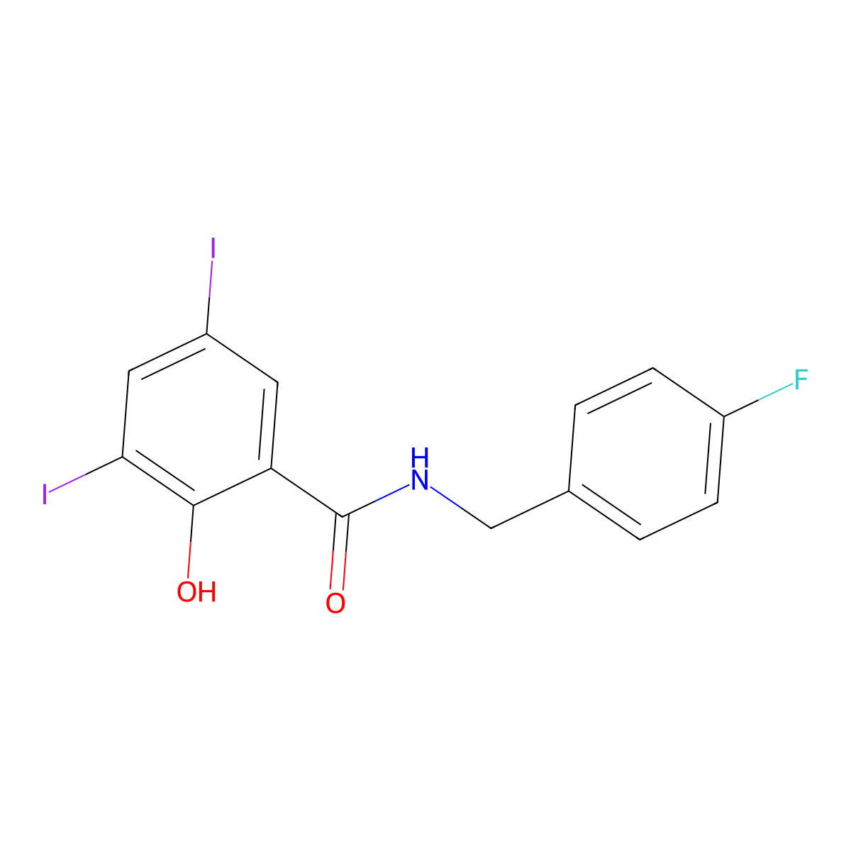 N-[(4-fluorophenyl)methyl]-2-hydroxy-3,5-diiodobenzamide molecular structure, CAS 439107-28-5
