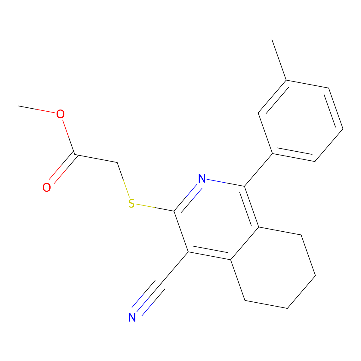 Methyl 2-{[4-cyano-1-(3-methylphenyl)-5,6,7,8-tetrahydro-3-isoquinolinyl]sulfanyl}acetate molecular structure, CAS 439107-44-5