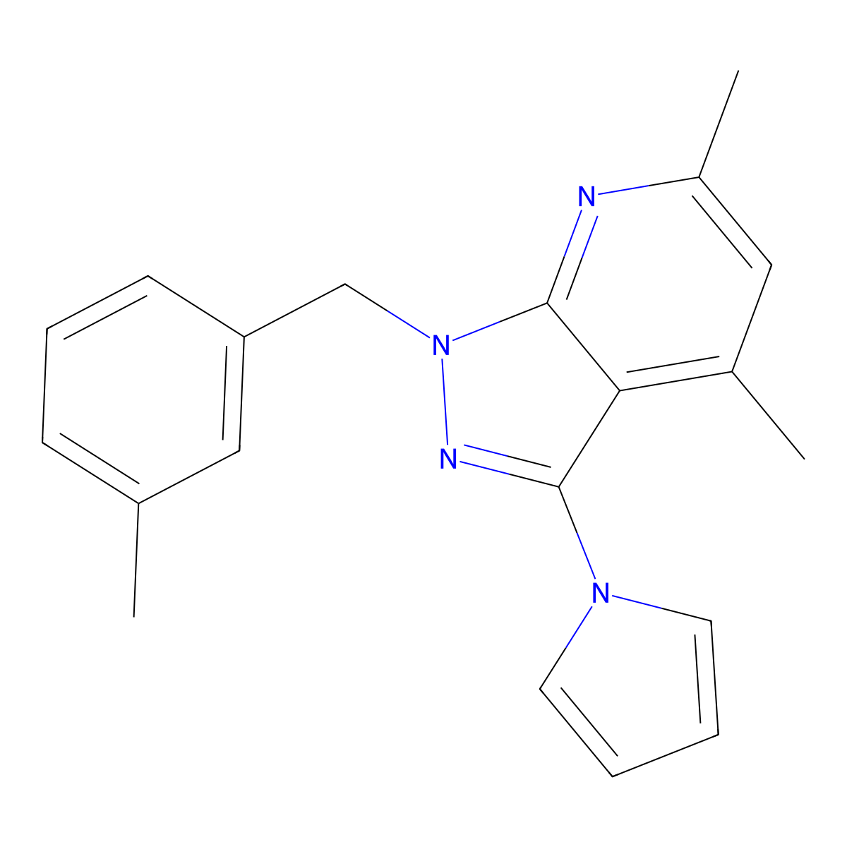 4,6-dimethyl-1-(3-methylbenzyl)-3-(1H-pyrrol-1-yl)-1H-pyrazolo[3,4-b]pyridine molecular structure, CAS 439108-43-7