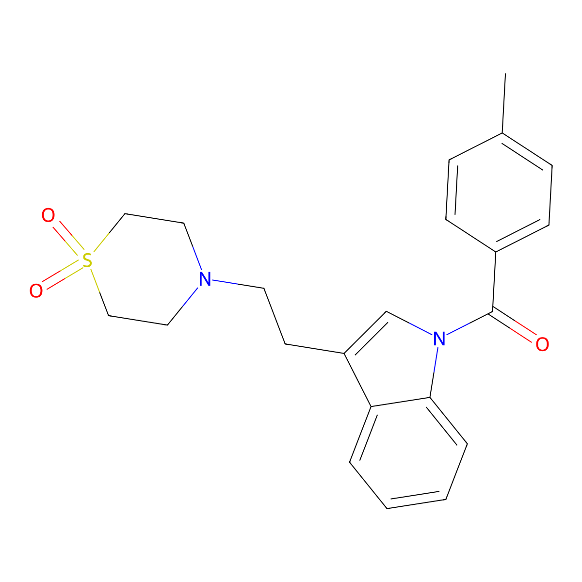 4-{2-[1-(4-methylbenzoyl)-1H-indol-3-yl]ethyl}-1lambda~6~,4-thiazinane-1,1-dione molecular structure, CAS 439108-45-9