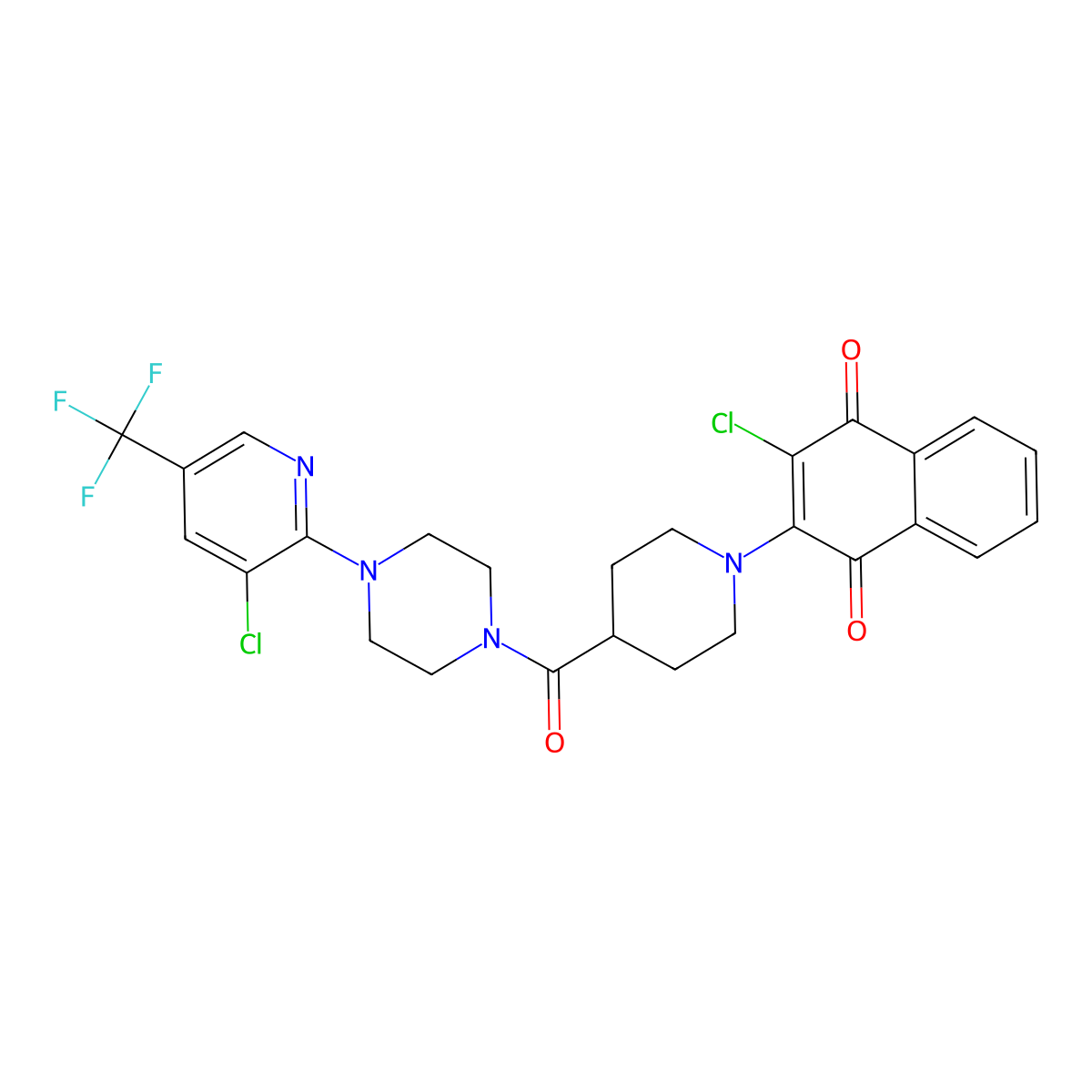 2-Chloro-3-[4-({4-[3-chloro-5-(trifluoromethyl)-2-pyridinyl]piperazino}carbonyl)piperidino]naphthoquinone molecular structure, CAS 439108-72-2