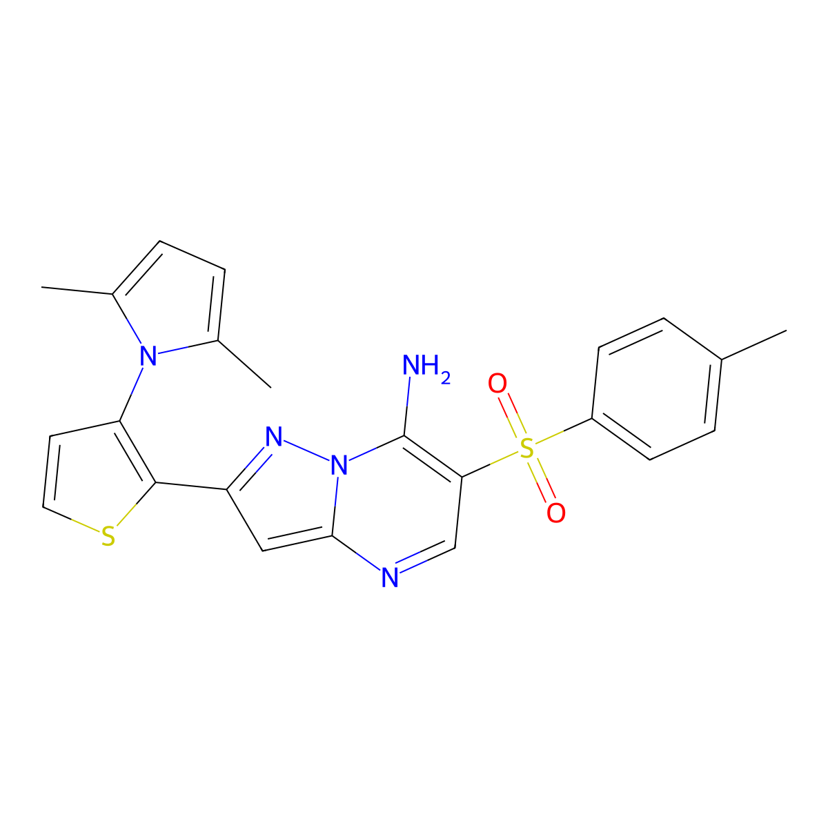 2-[3-(2,5-dimethyl-1H-pyrrol-1-yl)-2-thienyl]-6-[(4-methylphenyl)sulfonyl]pyrazolo[1,5-a]pyrimidin-7-amine molecular structure, CAS 439108-96-0