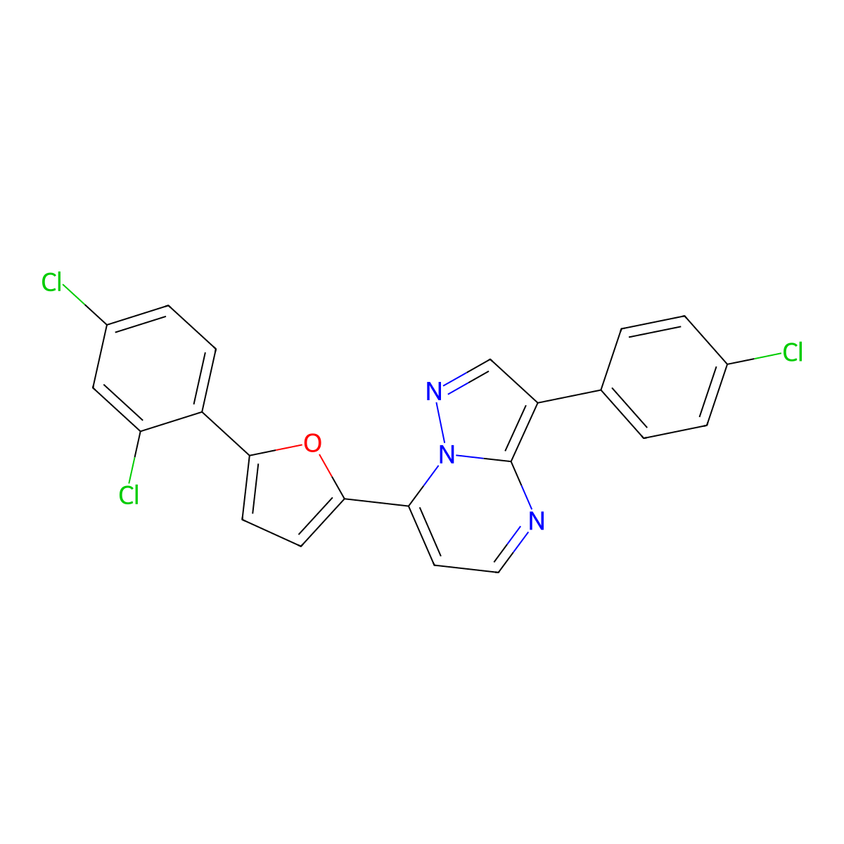 3-(4-Chlorophenyl)-7-[5-(2,4-dichlorophenyl)-2-furyl]pyrazolo[1,5-a]pyrimidine molecular structure, CAS 439108-97-1