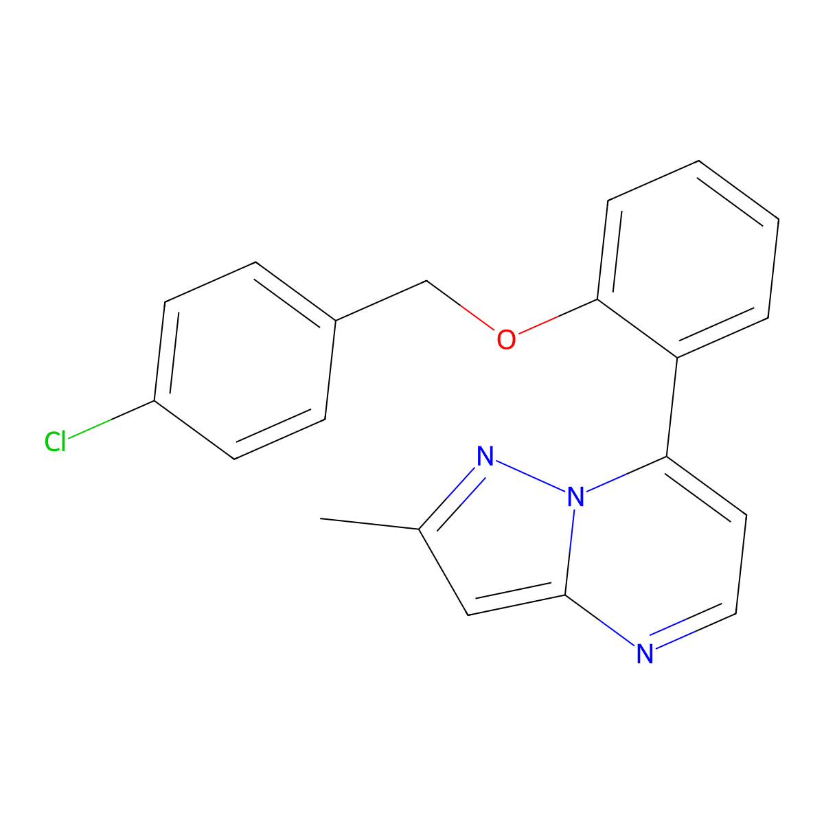 4-Chlorobenzyl 2-(2-methylpyrazolo[1,5-A]pyrimidin-7-YL)phenyl ether molecular structure, CAS 439109-56-5