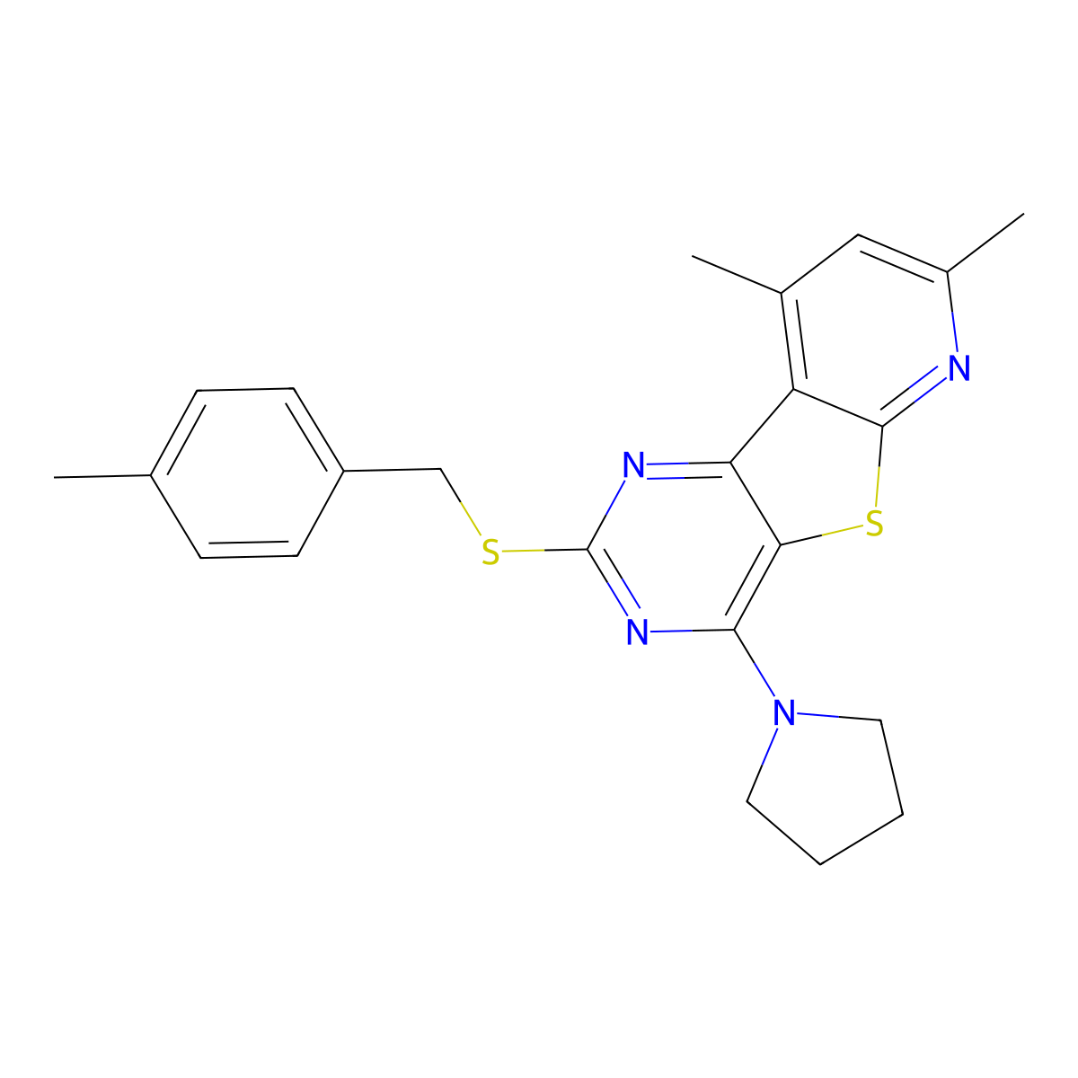 7,9-Dimethyl-2-[(4-methylbenzyl)sulfanyl]-4-(1-pyrrolidinyl)pyrido[3',2':4,5]thieno[3,2-d]pyrimidine molecular structure, CAS 439110-62-0