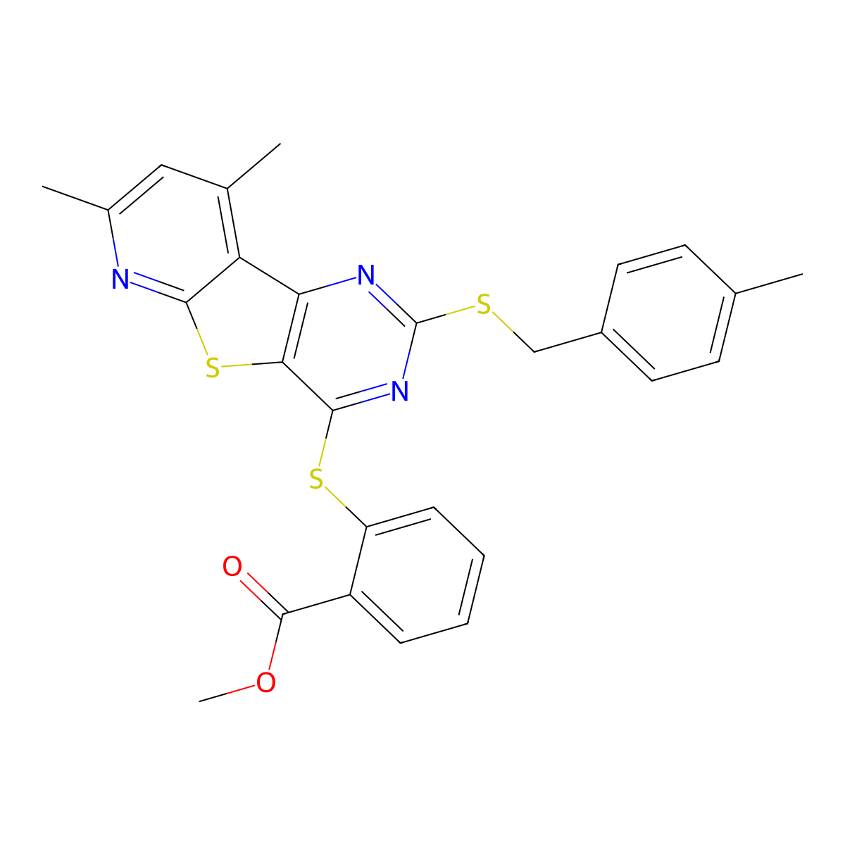 Methyl 2-({7,9-dimethyl-2-[(4-methylbenzyl)sulfanyl]pyrido[3',2':4,5]thieno[3,2-d]pyrimidin-4-yl}sulfanyl)benzenecarboxylate molecular structure, CAS 439110-64-2