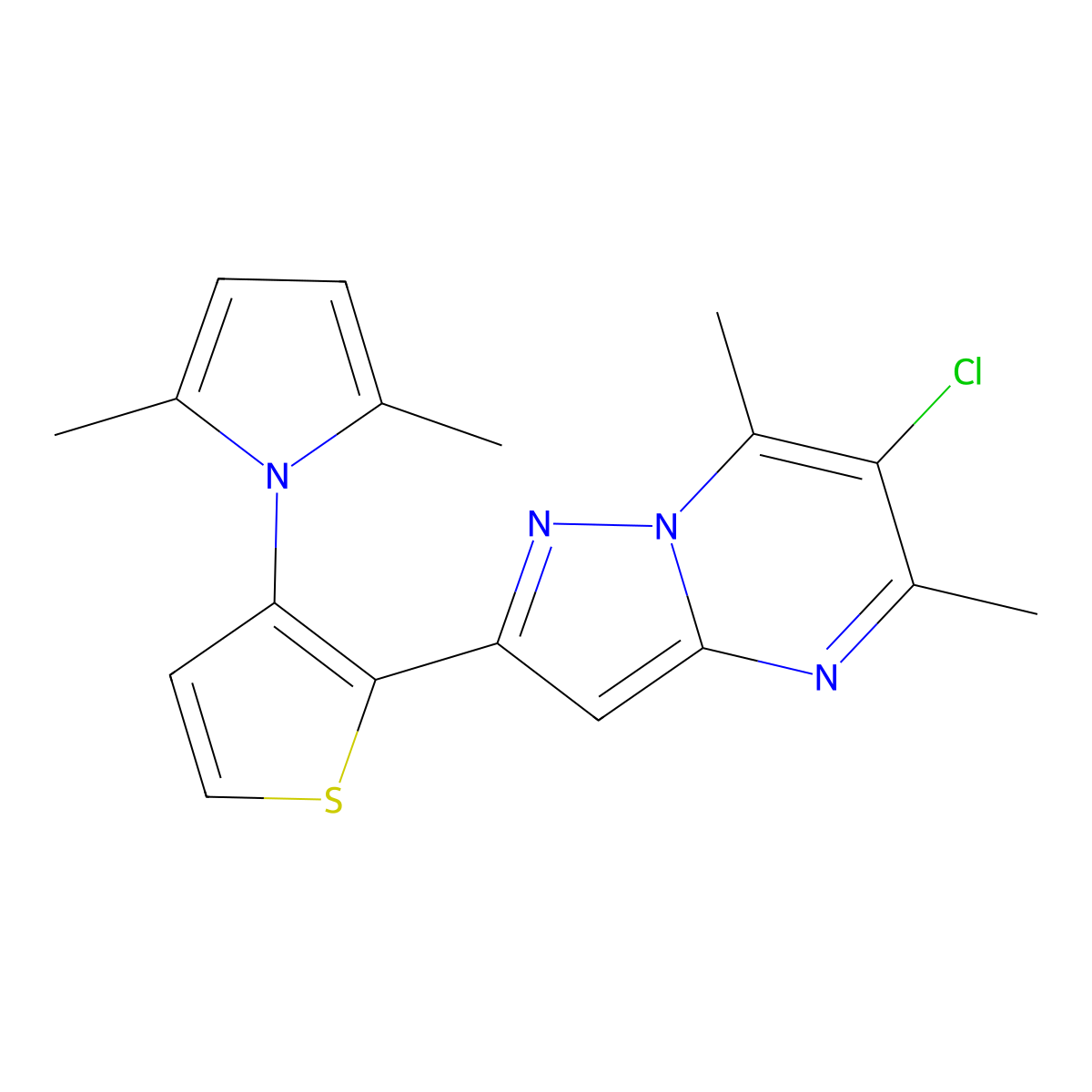 6-chloro-2-[3-(2,5-dimethyl-1H-pyrrol-1-yl)-2-thienyl]-5,7-dimethylpyrazolo[1,5-a]pyrimidine molecular structure, CAS 439110-96-0