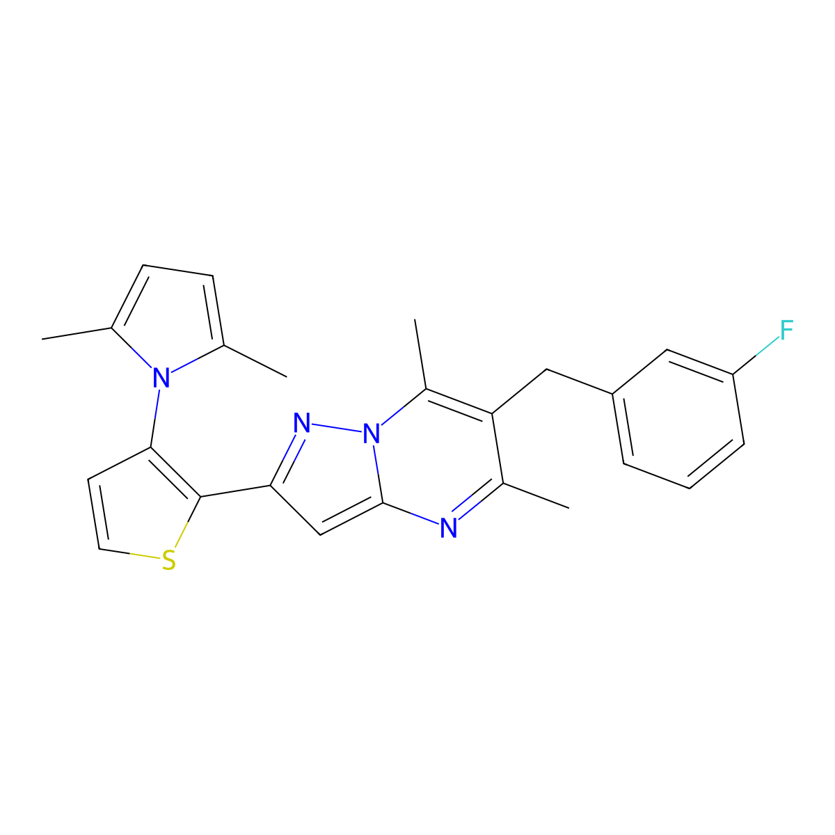 2-[3-(2,5-dimethyl-1H-pyrrol-1-yl)-2-thienyl]-6-(3-fluorobenzyl)-5,7-dimethylpyrazolo[1,5-a]pyrimidine molecular structure, CAS 439110-97-1