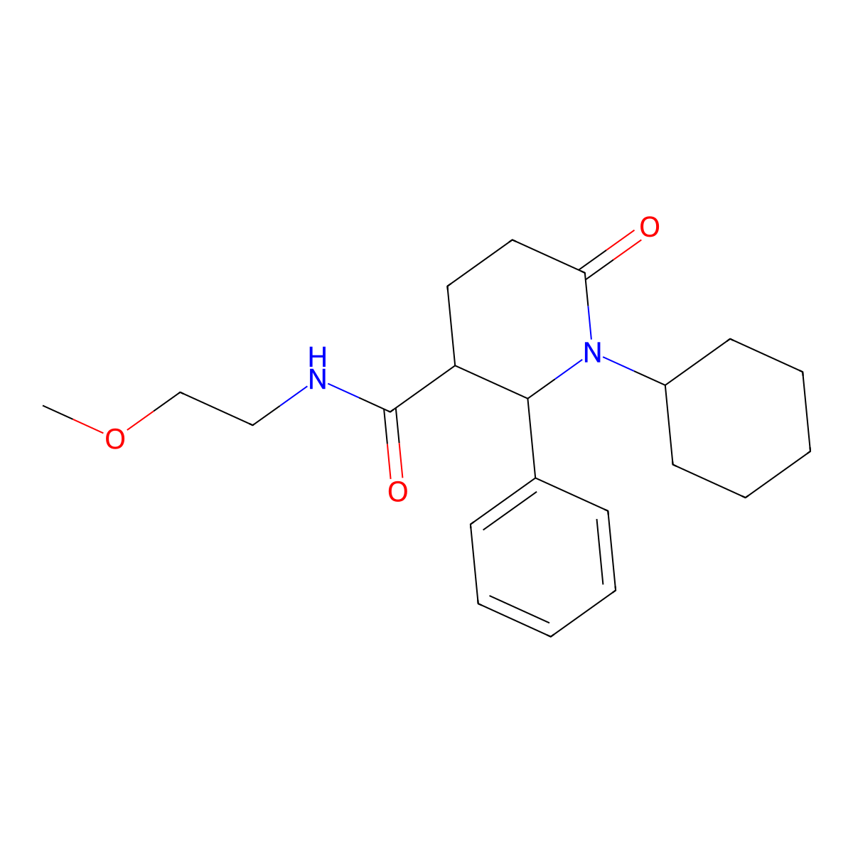 1-cyclohexyl-N-(2-methoxyethyl)-6-oxo-2-phenylpiperidine-3-carboxamide molecular structure, CAS 439111-07-6