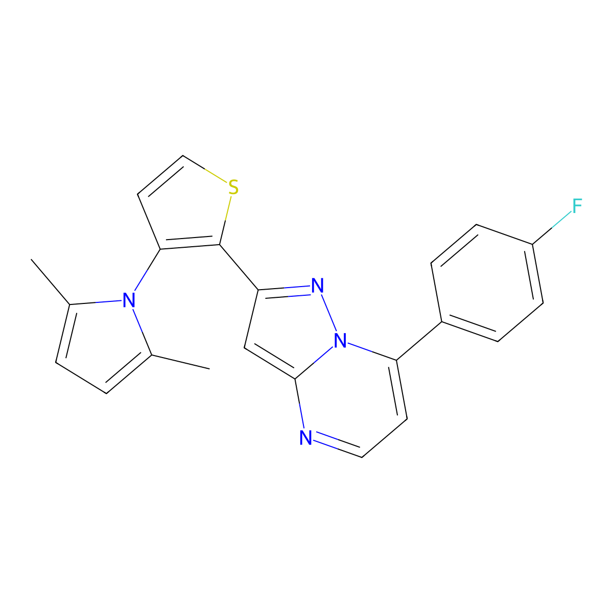 2-[3-(2,5-dimethyl-1H-pyrrol-1-yl)-2-thienyl]-7-(4-fluorophenyl)pyrazolo[1,5-a]pyrimidine molecular structure, CAS 439111-09-8