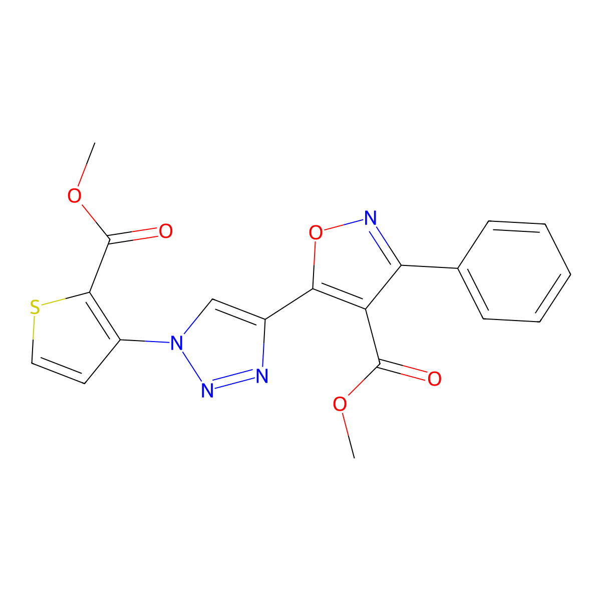 methyl 5-{1-[2-(methoxycarbonyl)-3-thienyl]-1H-1,2,3-triazol-4-yl}-3-phenyl-4-isoxazolecarboxylate molecular structure, CAS 439111-24-7