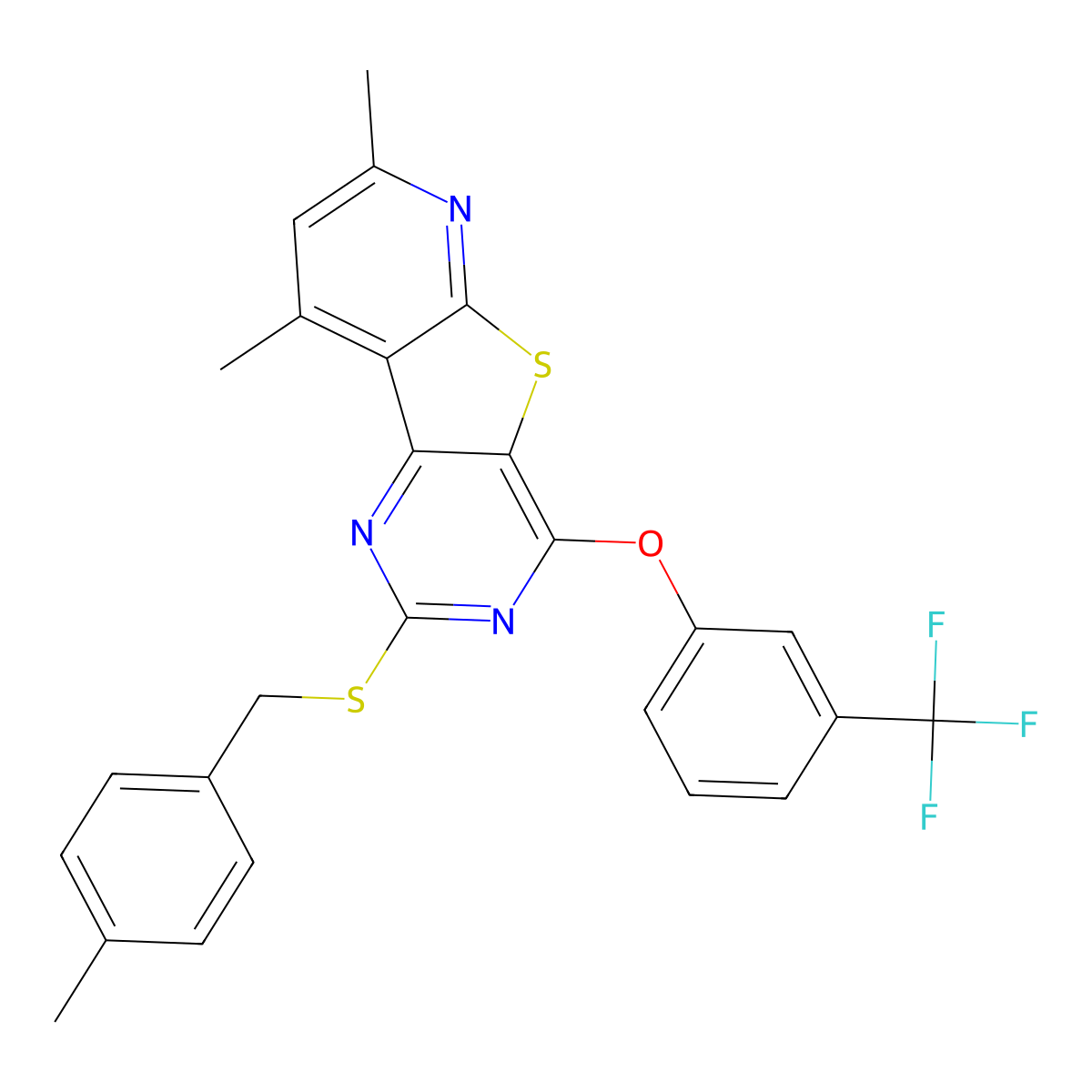 7,9-Dimethyl-2-[(4-methylbenzyl)sulfanyl]-4-[3-(trifluoromethyl)phenoxy]pyrido[3',2':4,5]thieno[3,2-d]pyrimidine molecular structure, CAS 439111-32-7