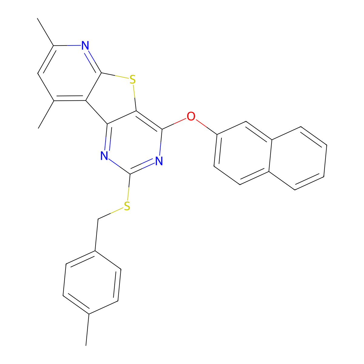 7,9-Dimethyl-2-[(4-methylbenzyl)sulfanyl]-4-(2-naphthyloxy)pyrido[3',2':4,5]thieno[3,2-d]pyrimidine molecular structure, CAS 439111-33-8