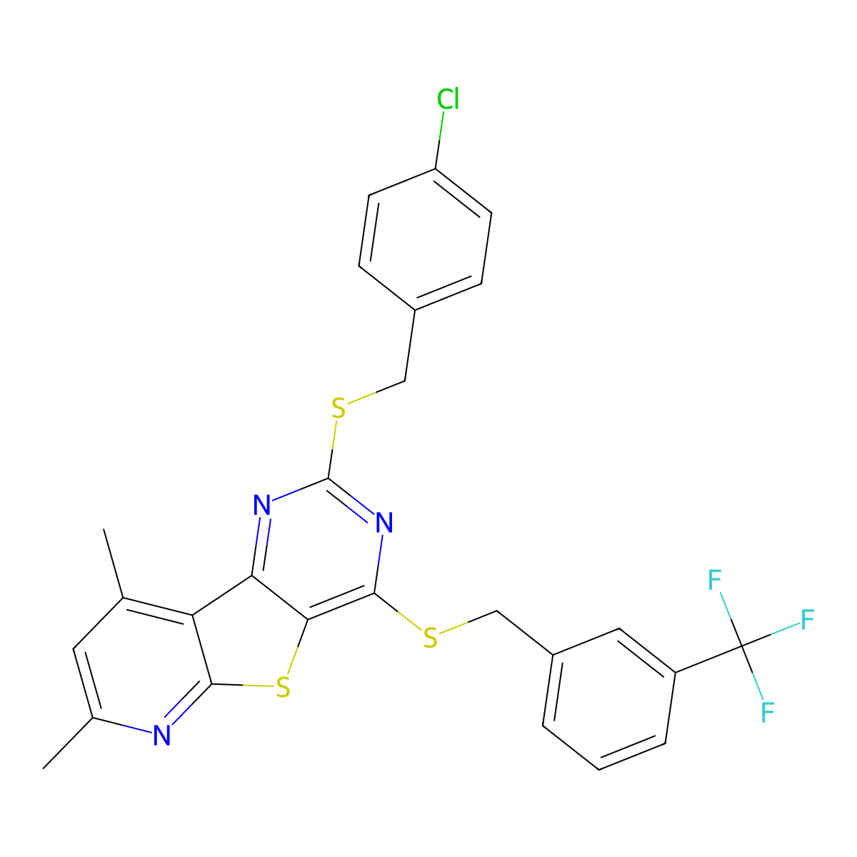 4-Chlorobenzyl 7,9-dimethyl-4-{[3-(trifluoromethyl)benzyl]sulfanyl}pyrido[3',2':4,5]thieno[3,2-d]pyrimidin-2-yl sulfide molecular structure, CAS 439111-35-0