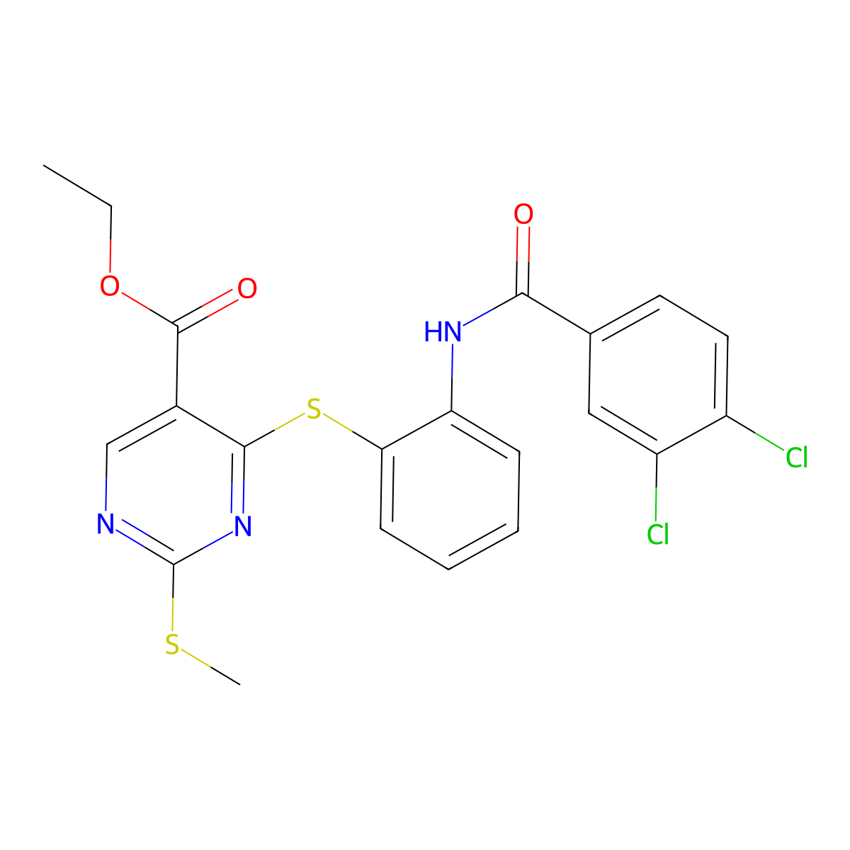 Ethyl 4-({2-[(3,4-dichlorobenzoyl)amino]phenyl}sulfanyl)-2-(methylsulfanyl)-5-pyrimidinecarboxylate molecular structure, CAS 439111-37-2