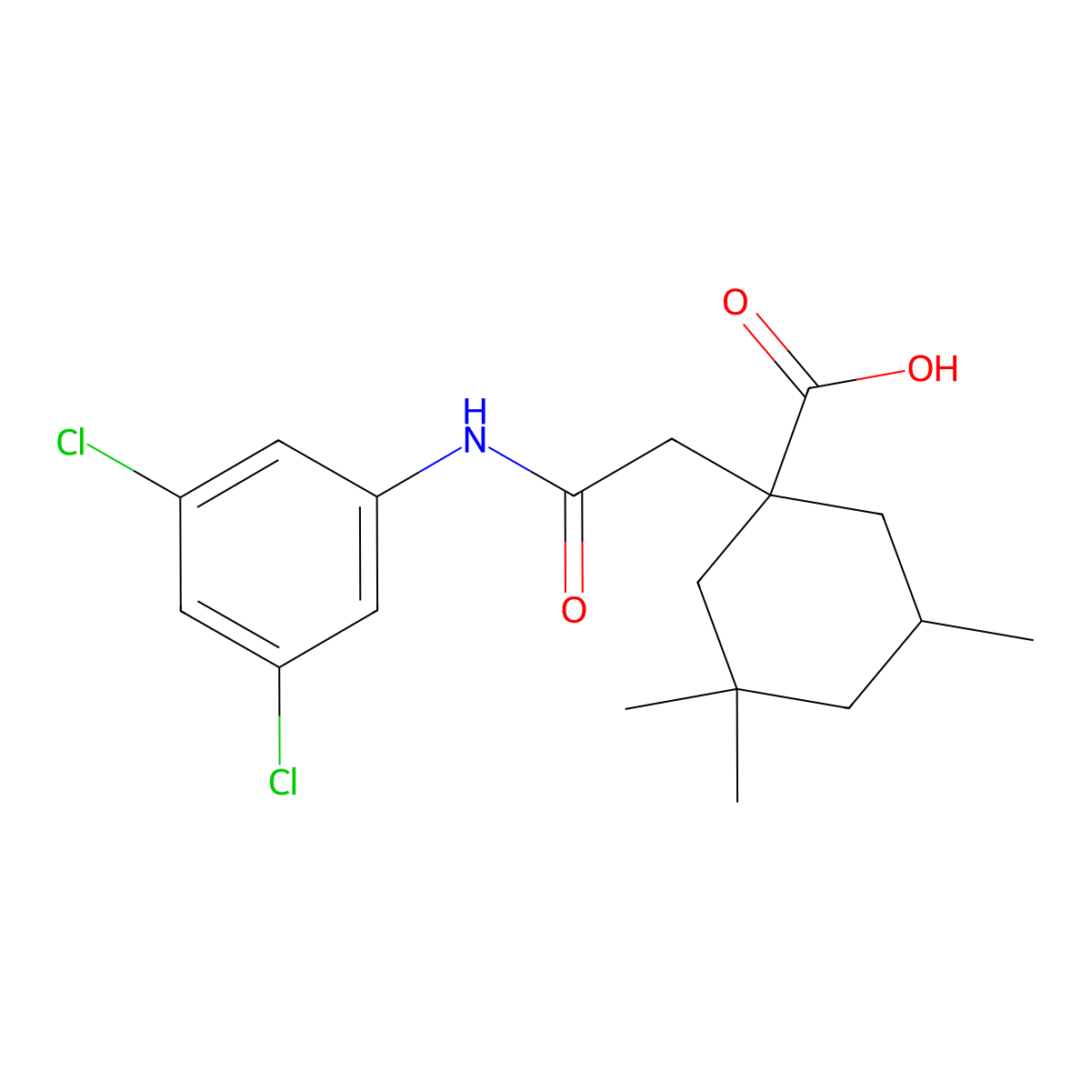 1-[2-(3,5-Dichloroanilino)-2-oxoethyl]-3,3,5-trimethylcyclohexanecarboxylic acid molecular structure, CAS 439111-39-4