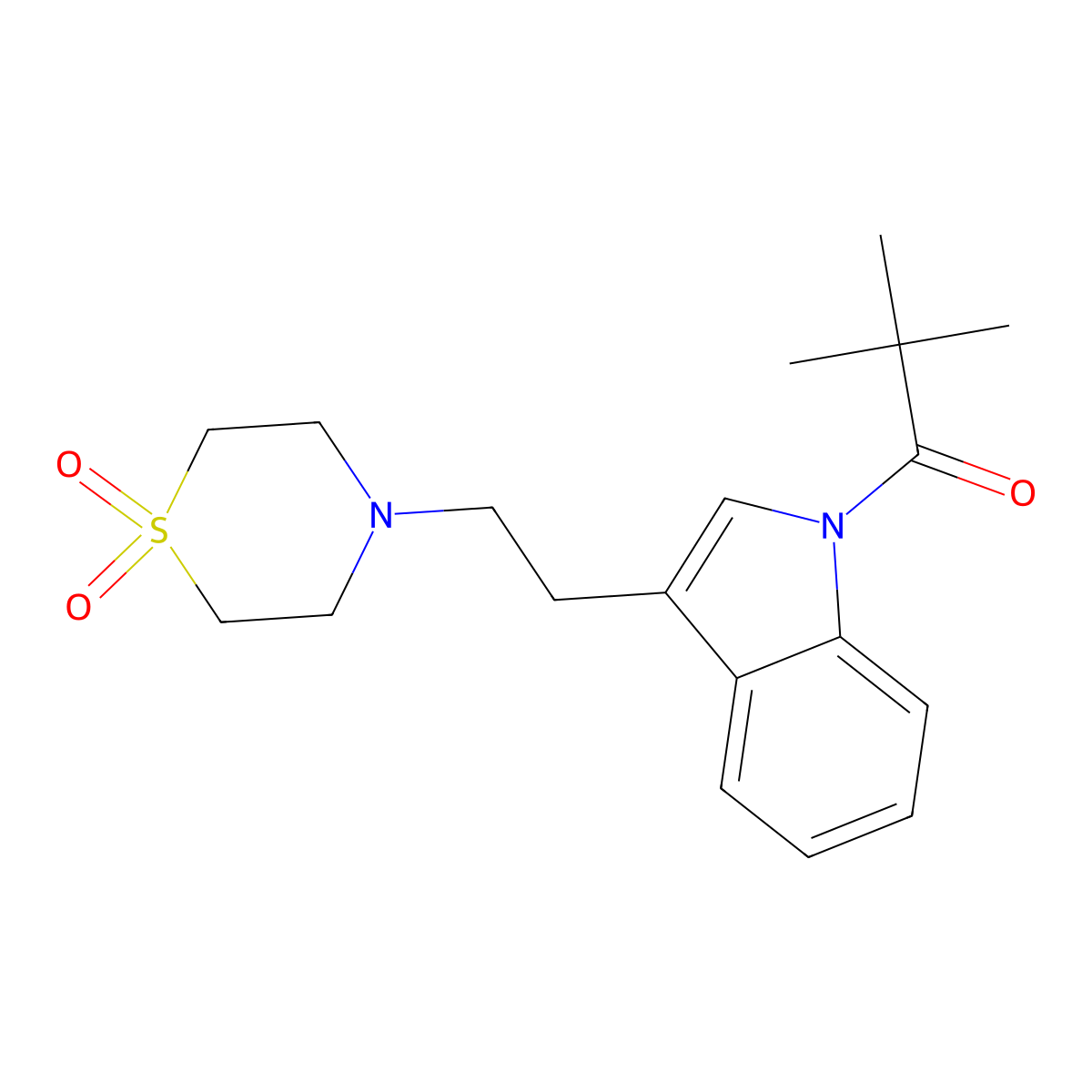 4-{2-[1-(2,2-dimethylpropanoyl)-1H-indol-3-yl]ethyl}-1lambda~6~,4-thiazinane-1,1-dione molecular structure, CAS 439111-69-0