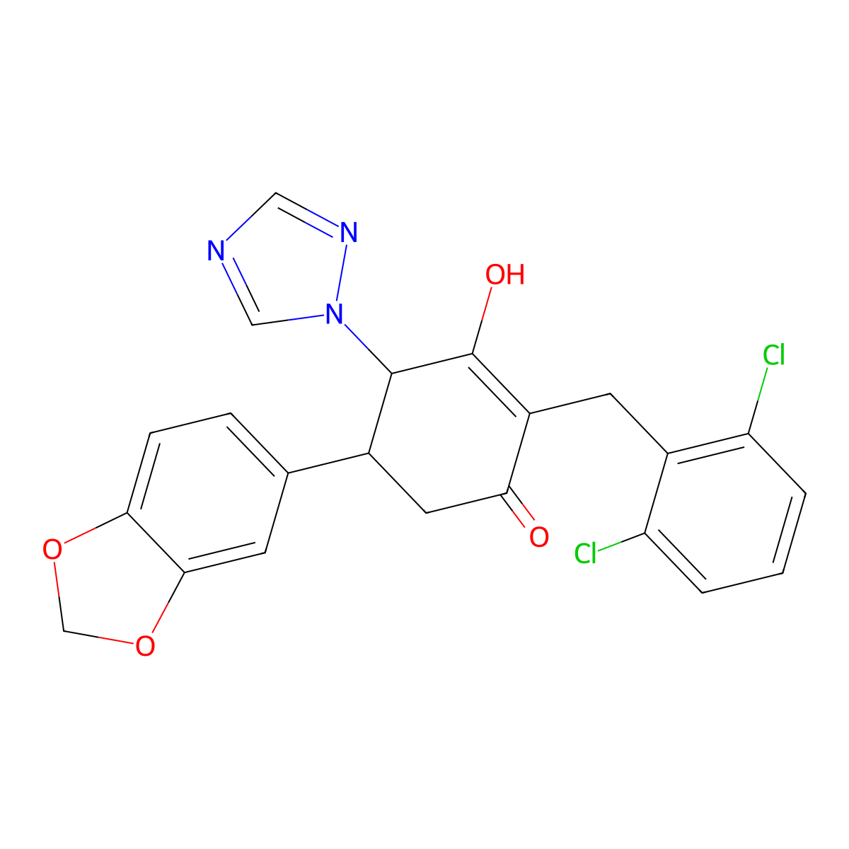 5-(1,3-benzodioxol-5-yl)-2-(2,6-dichlorobenzyl)-3-hydroxy-4-(1H-1,2,4-triazol-1-yl)-2-cyclohexen-1-one molecular structure, CAS 439112-25-1