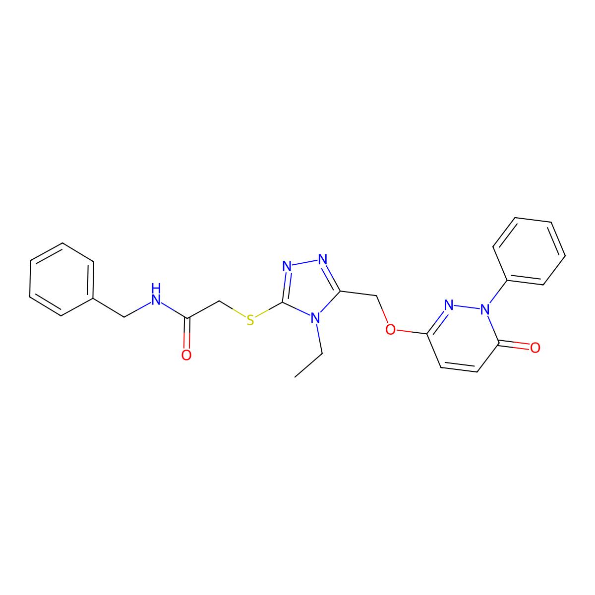 N-benzyl-2-[(4-ethyl-5-{[(6-oxo-1-phenyl-1,6-dihydro-3-pyridazinyl)oxy]methyl}-4H-1,2,4-triazol-3-yl)sulfanyl]acetamide molecular structure, CAS 439112-33-1
