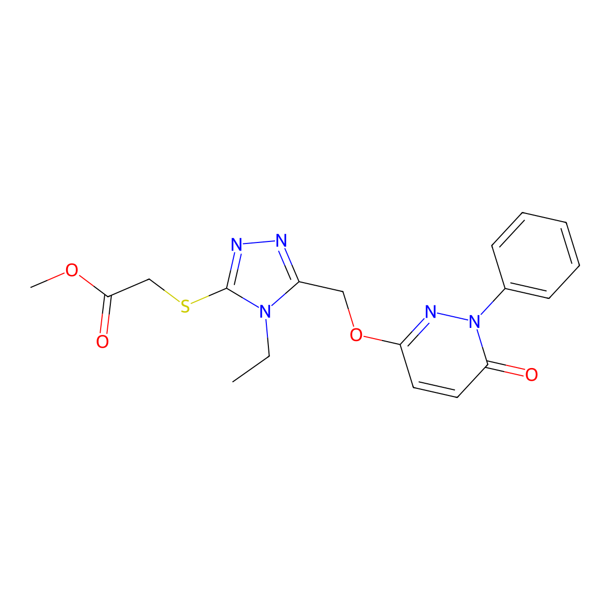 methyl 2-[(4-ethyl-5-{[(6-oxo-1-phenyl-1,6-dihydro-3-pyridazinyl)oxy]methyl}-4H-1,2,4-triazol-3-yl)sulfanyl]acetate molecular structure, CAS 439112-34-2