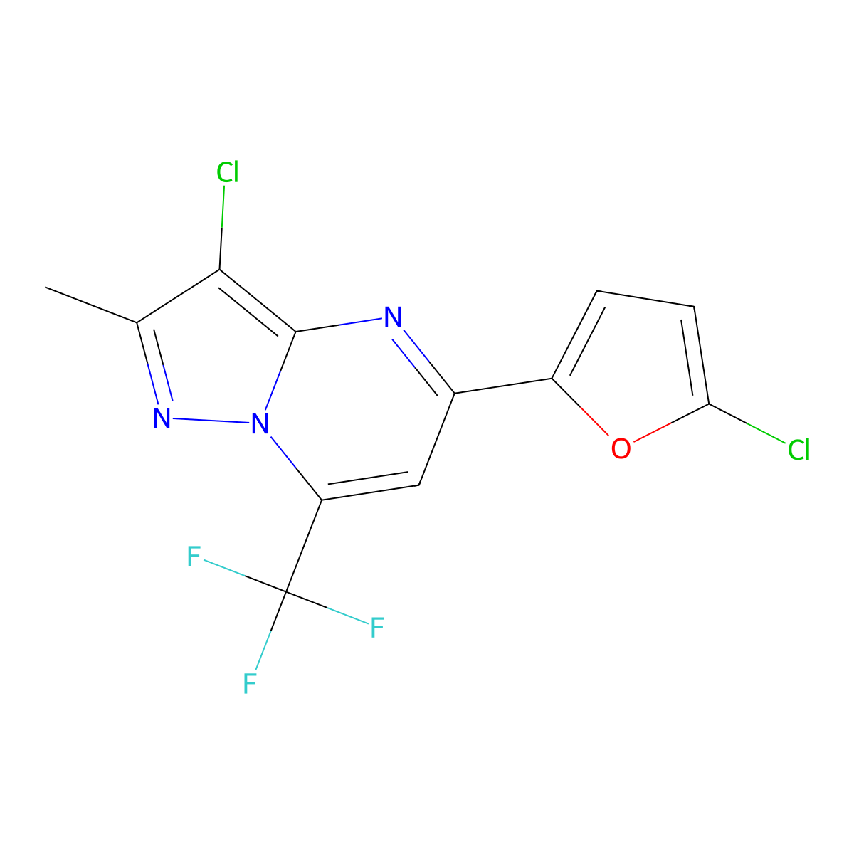 3-Chloro-5-(5-chloro-2-furyl)-2-methyl-7-(trifluoromethyl)pyrazolo[1,5-a]pyrimidine molecular structure, CAS 439120-59-9