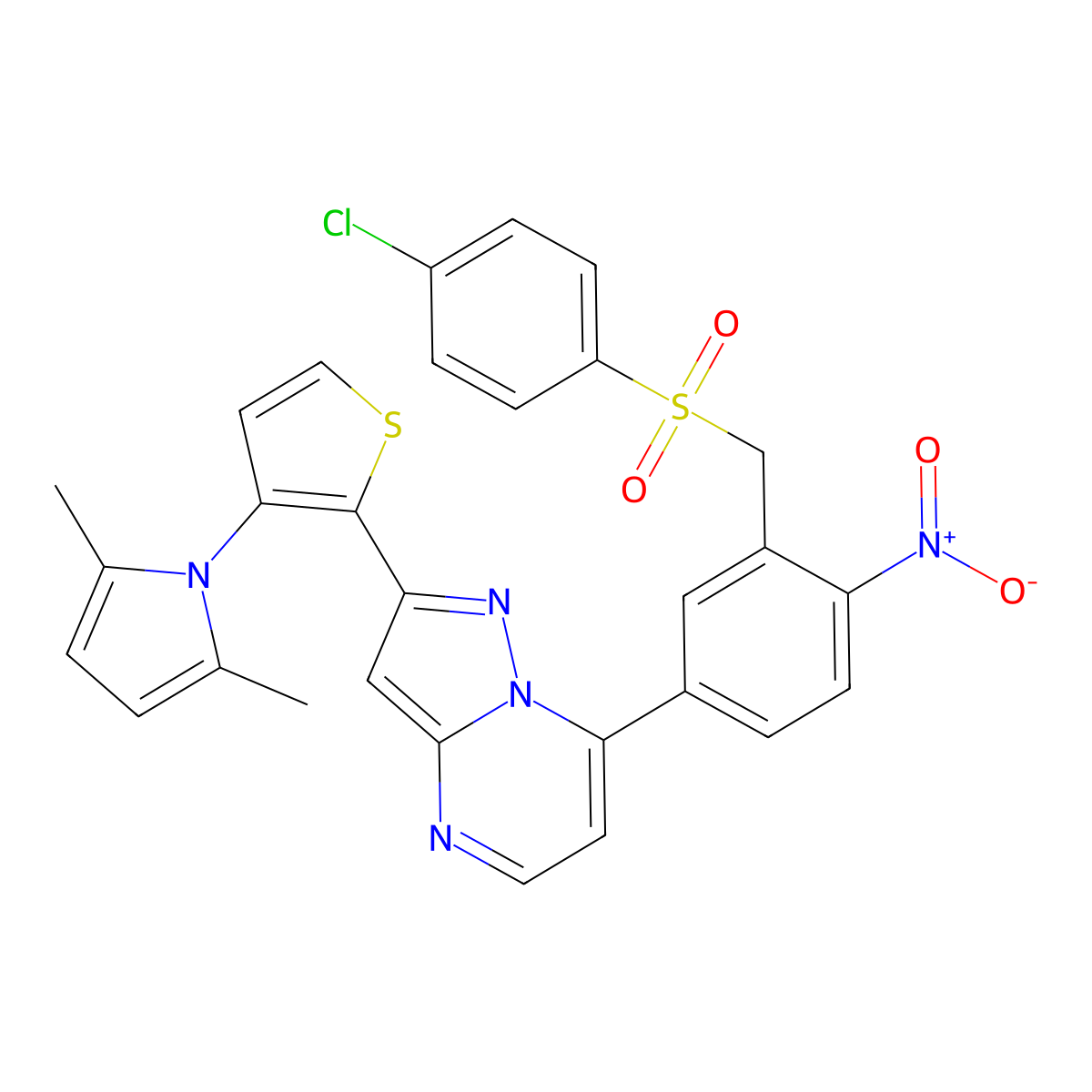 7-[3-[(4-Chlorophenyl)sulfonylmethyl]-4-nitrophenyl]-2-[3-(2,5-dimethylpyrrol-1-yl)thiophen-2-yl]pyrazolo[1,5-a]pyrimidine molecular structure, CAS 439120-61-3