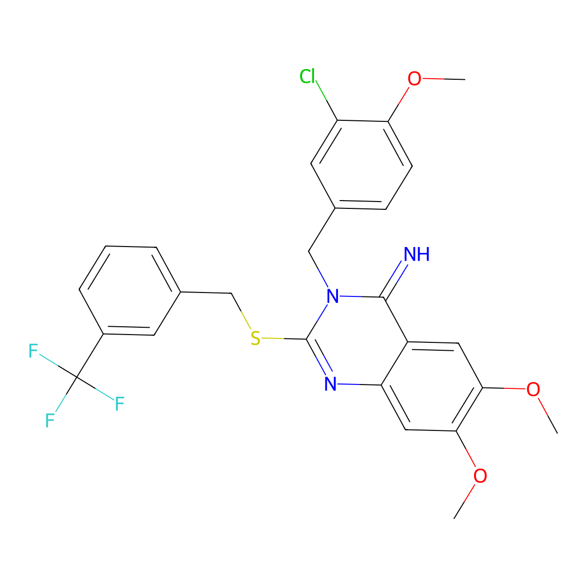 3-(3-chloro-4-methoxybenzyl)-6,7-dimethoxy-2-{[3-(trifluoromethyl)benzyl]sulfanyl}-4(3H)-quinazolinimine molecular structure, CAS 439121-06-9
