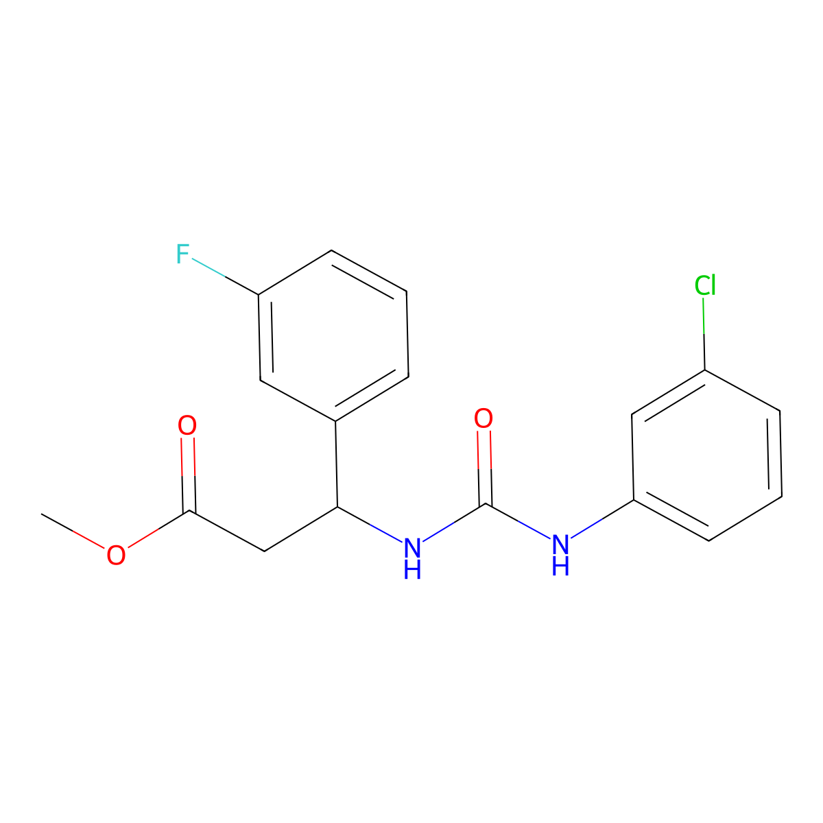 Methyl 3-{[(3-chloroanilino)carbonyl]amino}-3-(3-fluorophenyl)propanoate molecular structure, CAS 439121-10-5