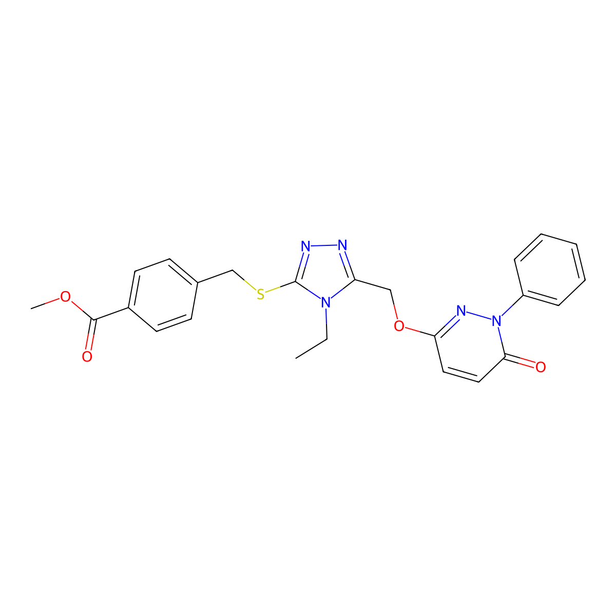 methyl 4-{[(4-ethyl-5-{[(6-oxo-1-phenyl-1,6-dihydro-3-pyridazinyl)oxy]methyl}-4H-1,2,4-triazol-3-yl)sulfanyl]methyl}benzenecarboxylate molecular structure, CAS 439121-27-4