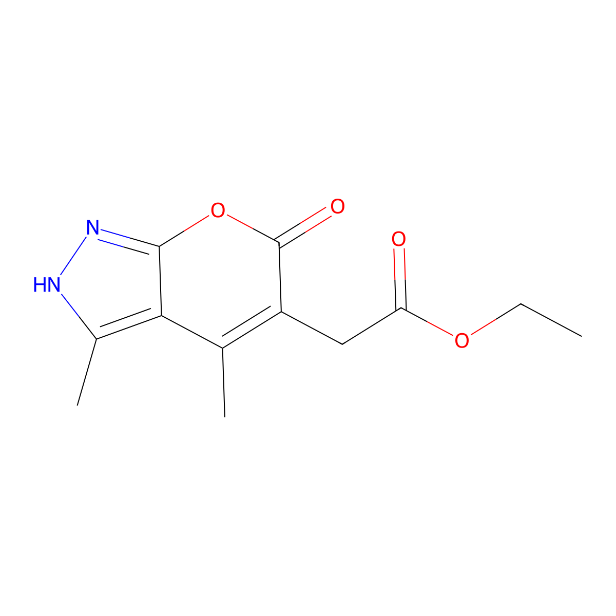 2-(3,4-dimethyl-6-oxo-2H-pyrano[2,3-c]pyrazol-5-yl)acetic acid ethyl ester molecular structure, CAS 439121-65-0