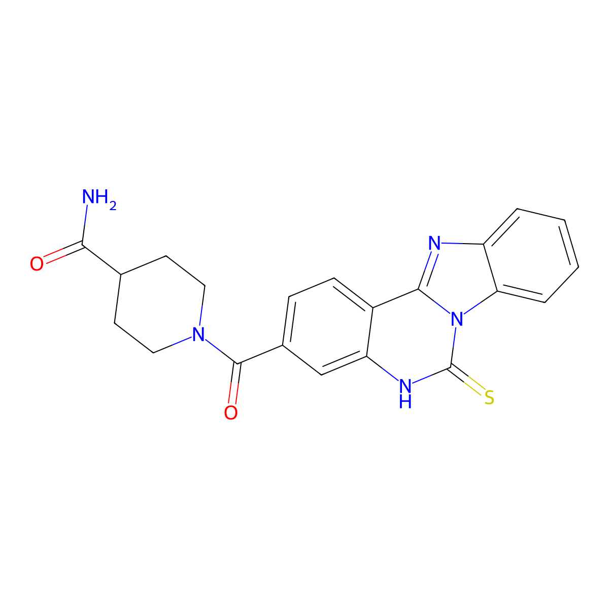 1-(6-sulfanylidene-5H-benzimidazolo[1,2-c]quinazoline-3-carbonyl)piperidine-4-carboxamide molecular structure, CAS 439121-73-0