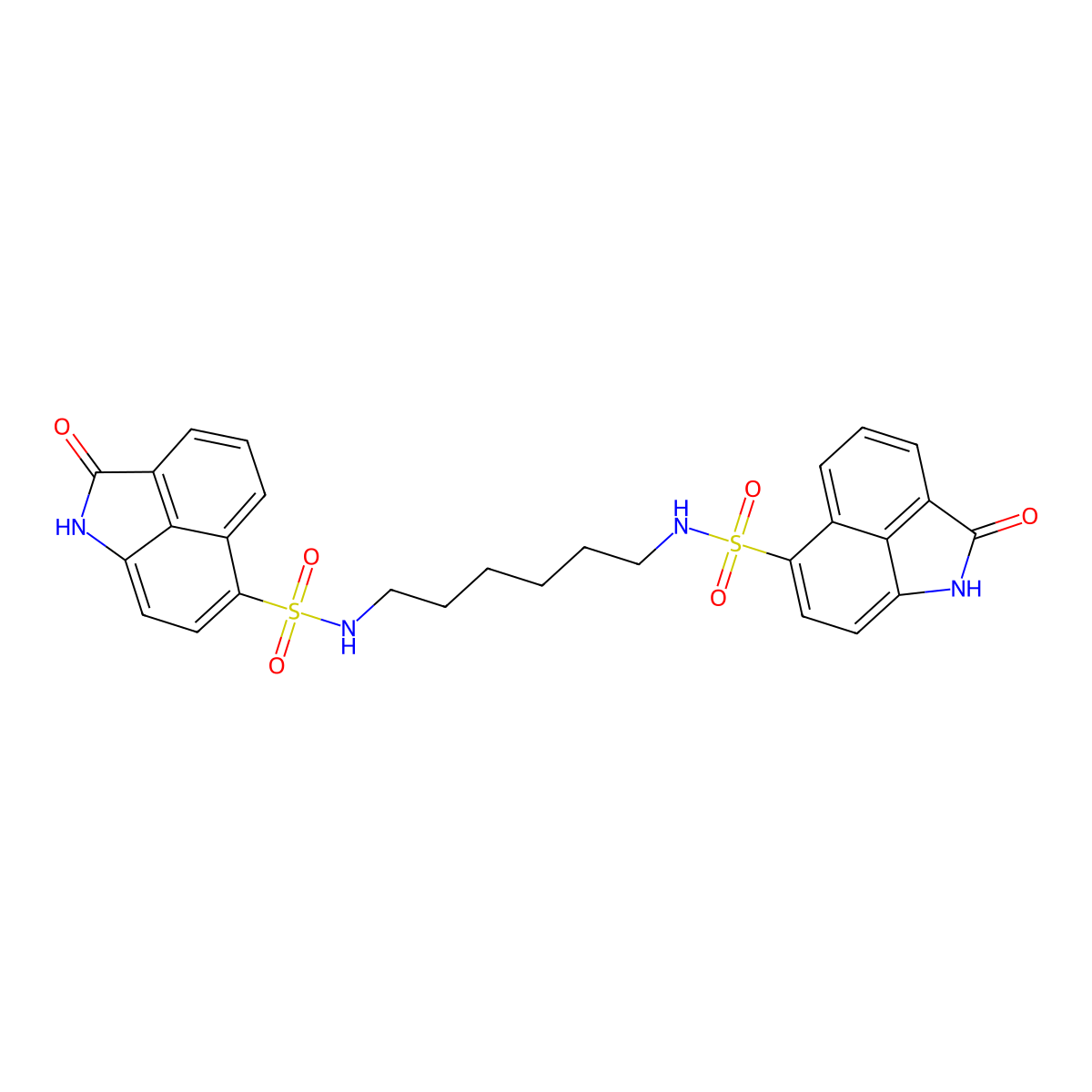 3-oxo-N-(6-{3-oxo-2-azatricyclo[6.3.1.0^{4,12}]dodeca-1(11),4,6,8(12),9-pentaene-9-sulfonamido}hexyl)-2-azatricyclo[6.3.1.0^{4,12}]dodeca-1(11),4,6,8(12),9-pentaene-9-sulfonamide molecular structure, CAS 439132-41-9