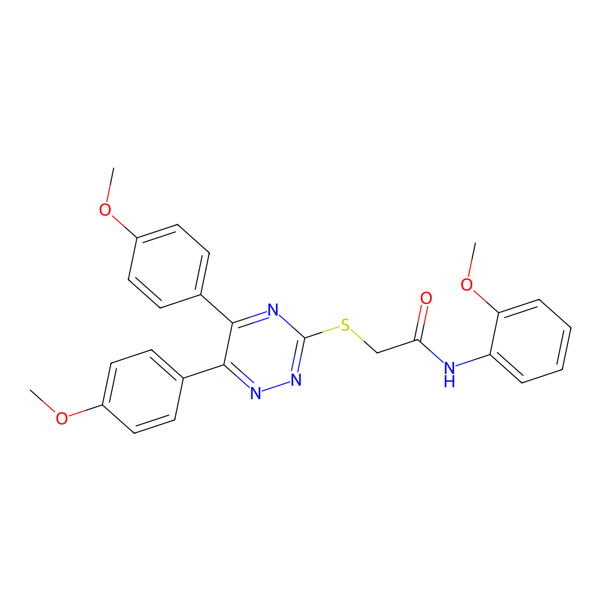 2-[[5,6-bis(4-methoxyphenyl)-1,2,4-triazin-3-yl]sulfanyl]-N-(2-methoxyphenyl)acetamide molecular structure, CAS 439137-54-9