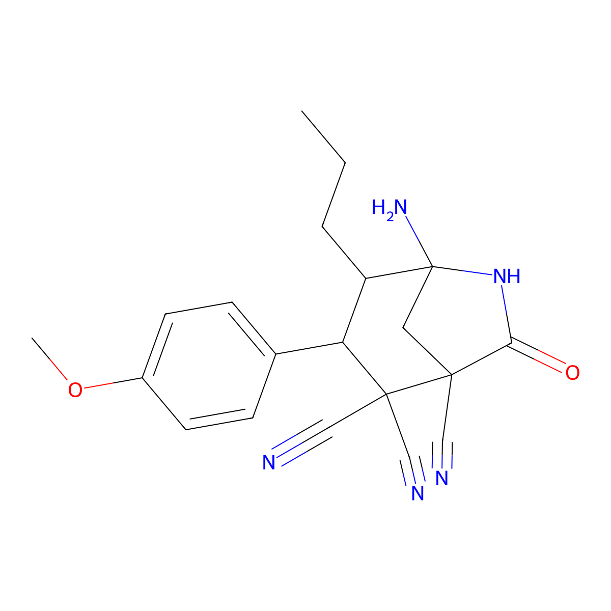 5-Amino-3-(4-methoxyphenyl)-7-oxo-4-propyl-6-azabicyclo[3.2.1]octane-1,2,2-tricarbonitrile molecular structure, CAS 439288-56-9